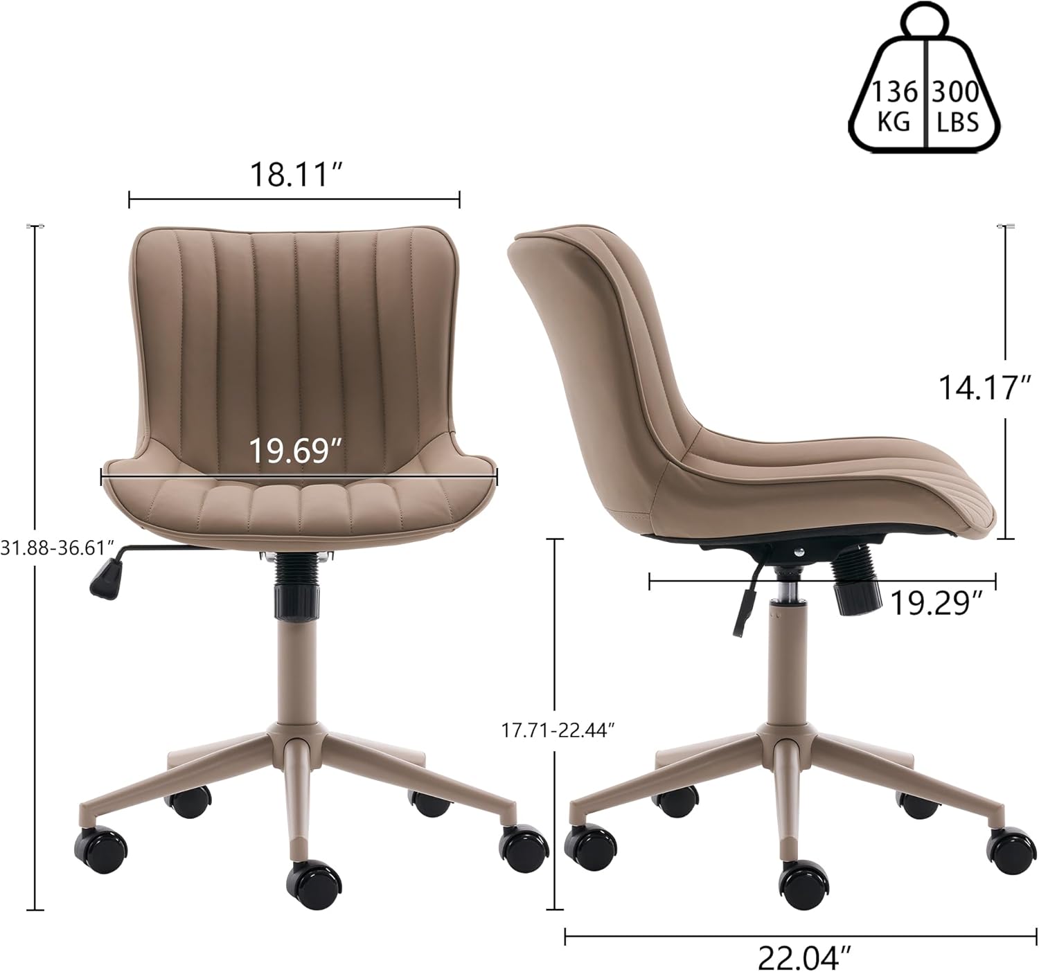 YOUNIKE Home Office Desk Chair with Wheels Armless Vanity Chair with Back Comfy Modern Leather Upholstered Rolling Task Chair Swivel Small Cute Sewing Chair No Arms Wide Adjustable Ergonomic All Khaki