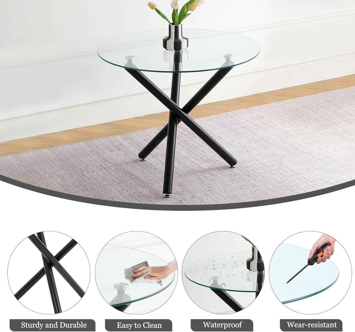 Modern Luxury Round Glass Dining Set for 4, 5 Pcs Small Minimalist Circle Kitchen Table Set, 36'' Clear Circular Glass Top Dinner Room Set, Grey High-end Tufted Chairs, for Apartment (Black)