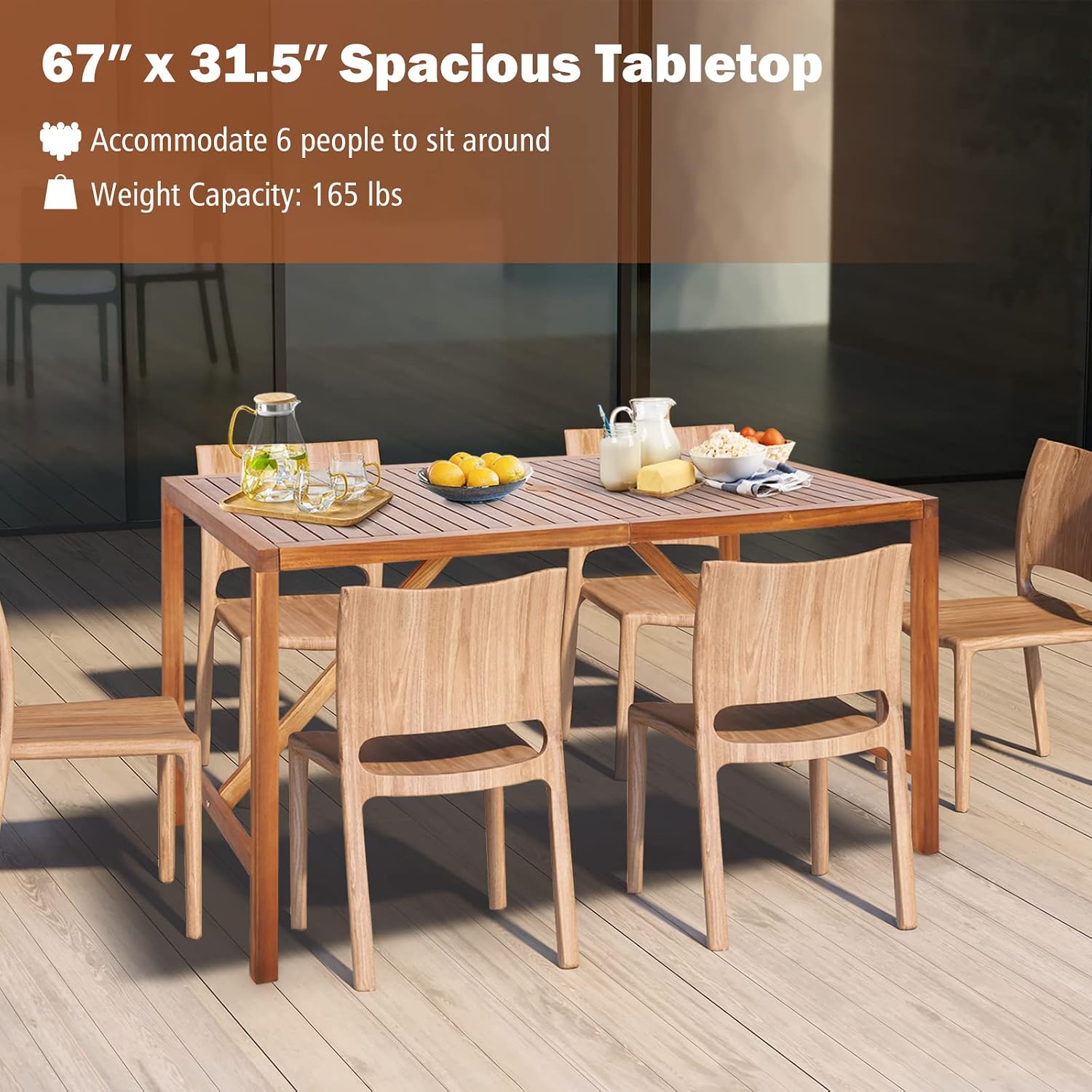 Tangkula 67' Acacia Wood Outdoor Dining Table for 6, Rectangle 6-Person Patio Table with 2' Umbrella Hole & Spacious Slatted Tabletop, Indoor Outdoor Dining Furniture for Deck, Garden, Poolside & Yard