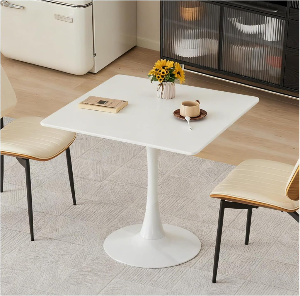 Square Dining Table, 31.5' Tulip Table with Thickened Tabletop & Metal Pedestal, Mid Century Modern Bistro Table for Kitchen, Small Places, Living Room, Cafe (White)
