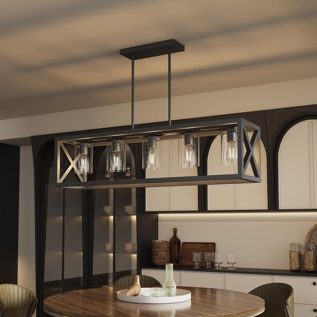 Farmhouse Dining Room Light Fixture - 5 Light Matte Black Rectangle Light Fixture with Adjustable Height & Thickened Metal Dining Table Fixture Chandeliers for Dining Room&Kitchen Island
