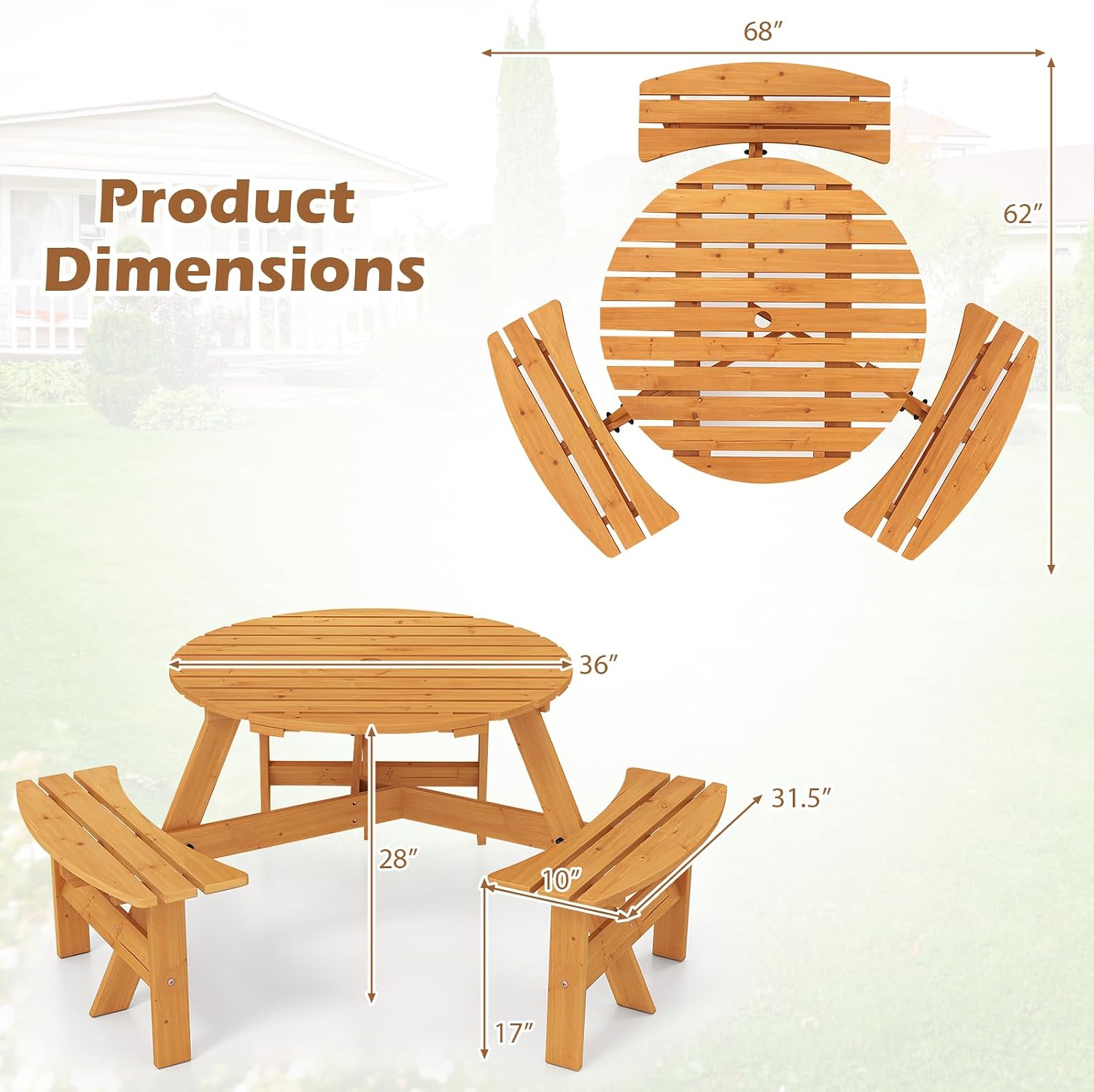 Giantex 6-Person Round Picnic Table Set with 3 Benches, 550 LBS Bench Capacity, 2' Umbrella Hole, Circular Outdoor Wood Dining Table & Chairs for Patio Yard Garden Porch Deck (68'x62'x28',Yellow)
