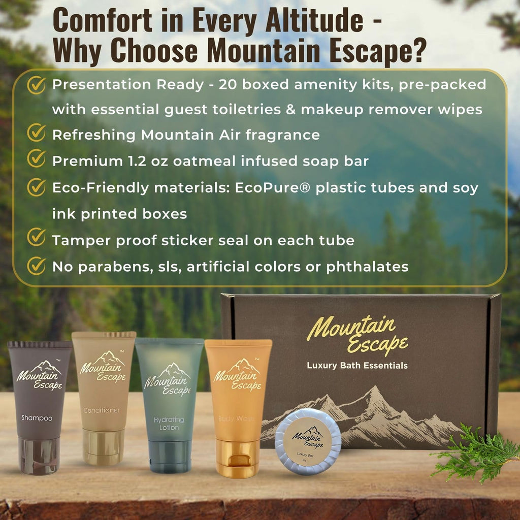 20 Display Ready Boxed Amenity Kits with Premium Hotel Toiletry Essentials - 1 oz Shampoo, Conditioner, Body Wash, Body Lotion, 1.2 oz Guest Soap & 2 Makeup Remover Wipes - Air bnb & Vacation Rentals