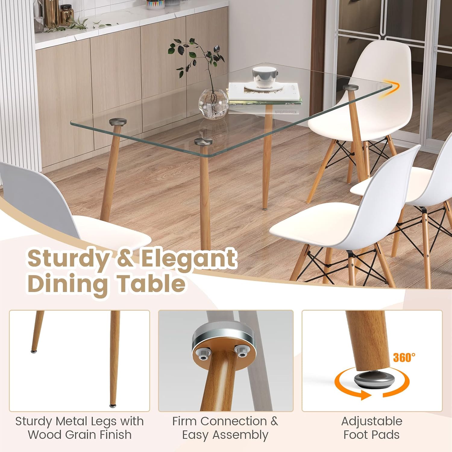 Tangkula Dining Table Set for 4, Modern Kitchen Table and Chairs, Glass Table and Chairs Set of 4 for Small Living Room, Kitchen