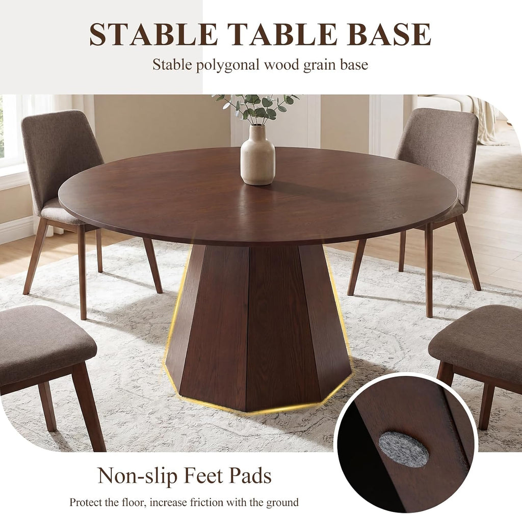 BESTANO 59' Round Dining Table for 4-6 People, Kitchen Dining Room Table with Wooden Pedestal Base, Circle Dinner Pedestal Dining Table for Dining Room (Table Only), Walnut