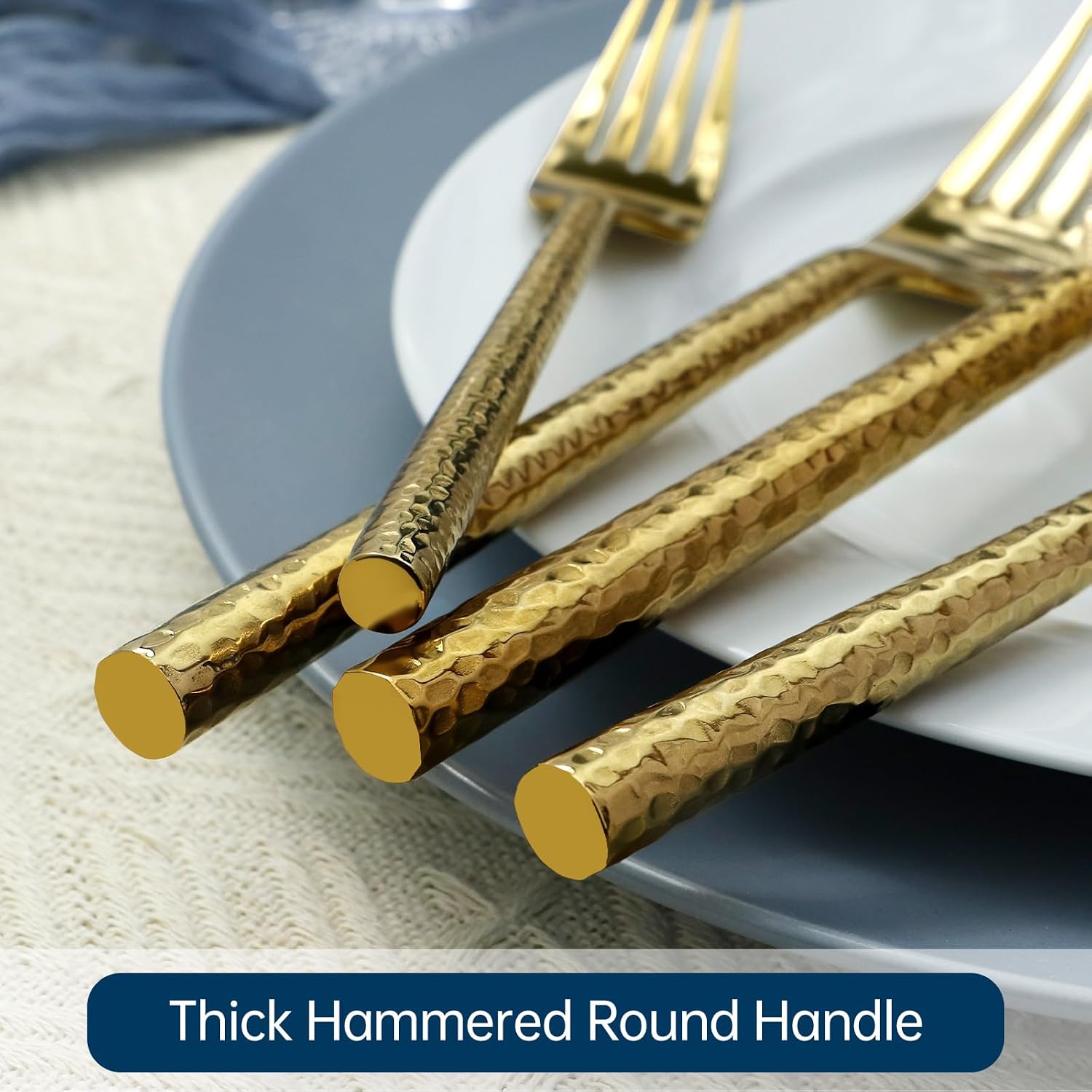 Gold Silverware 18/10 Stainless Steel 40-Piece Mirror Polsihing Flatware Round Hammered Cutlery Set Service for 8