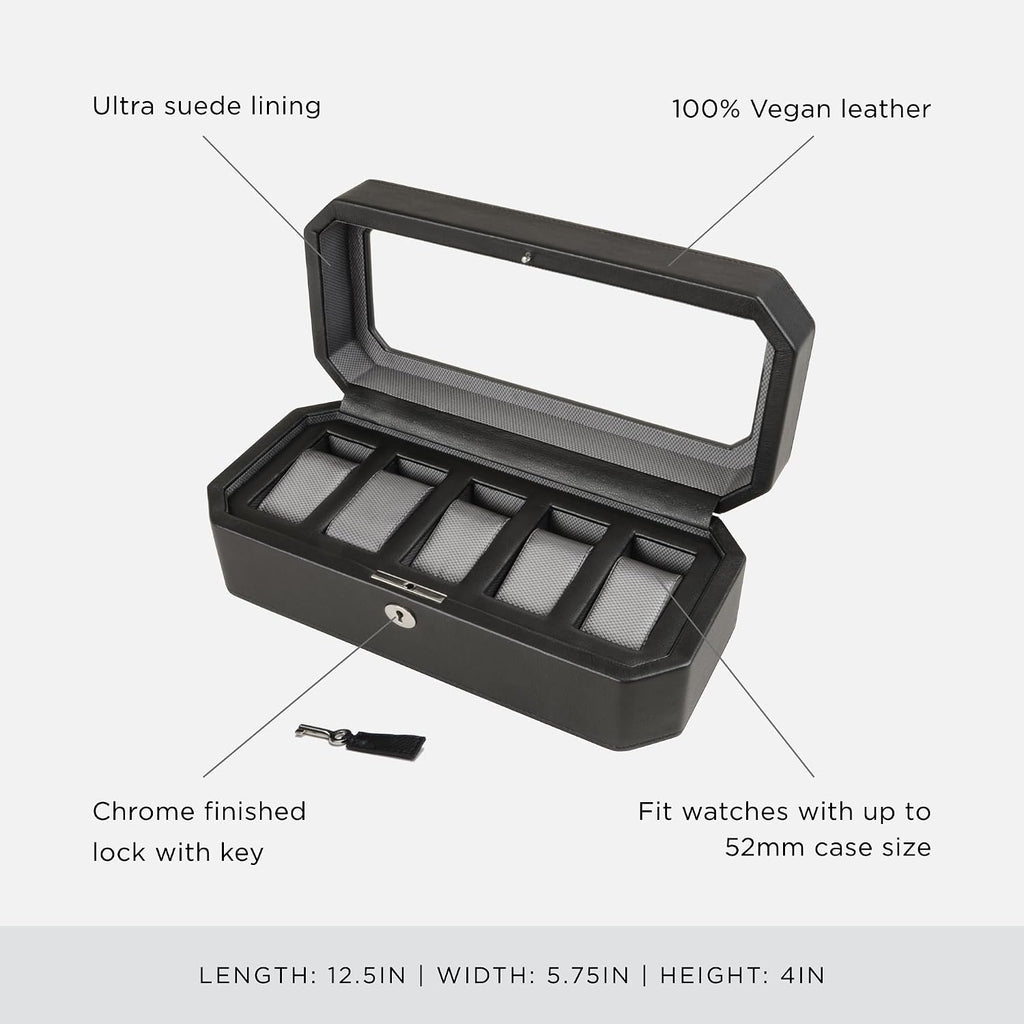 WOLF Windsor 5-Piece Watch Box, Black - Features Five Watch Compartments & Vegan Leather Exterior