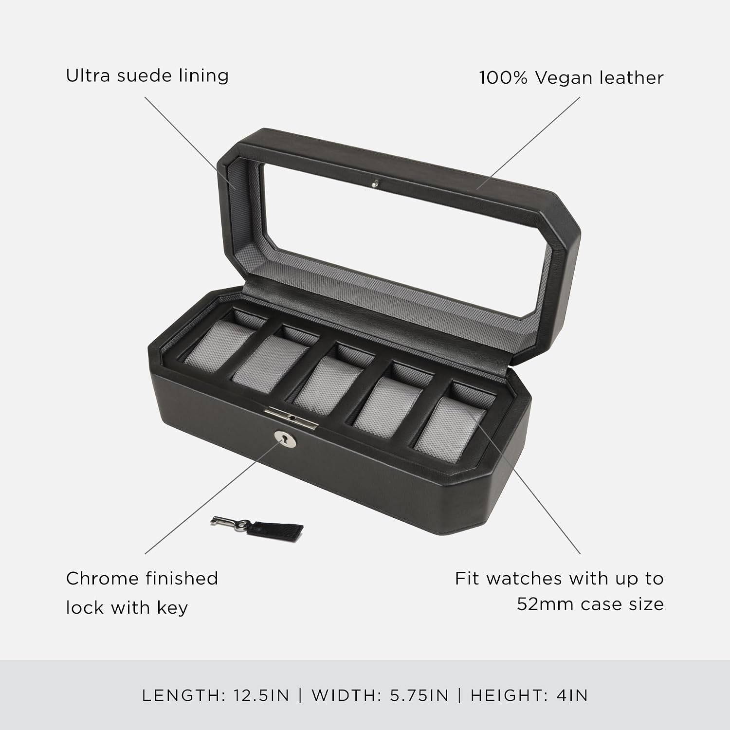 WOLF Windsor 5-Piece Watch Box, Black - Features Five Watch Compartments & Vegan Leather Exterior