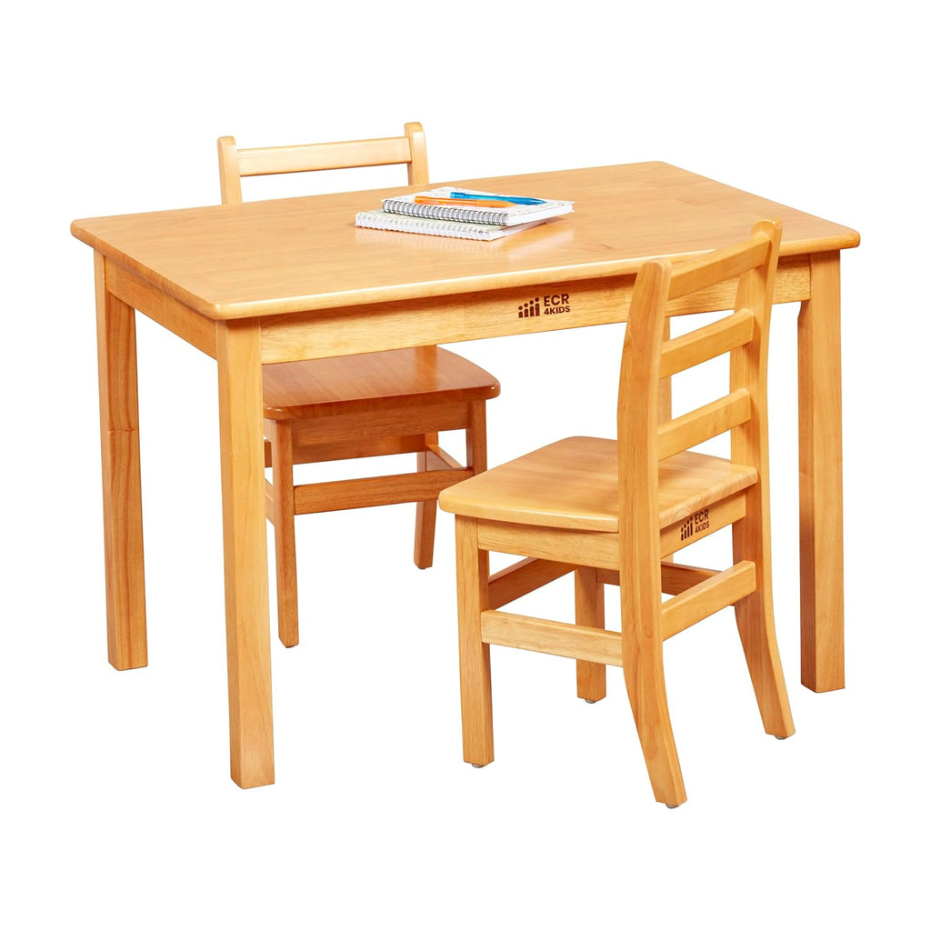 ECR4Kids 24in x 36in Rectangular Hardwood Table with 24in Legs and Two 14in Chairs, Kids Furniture, Honey