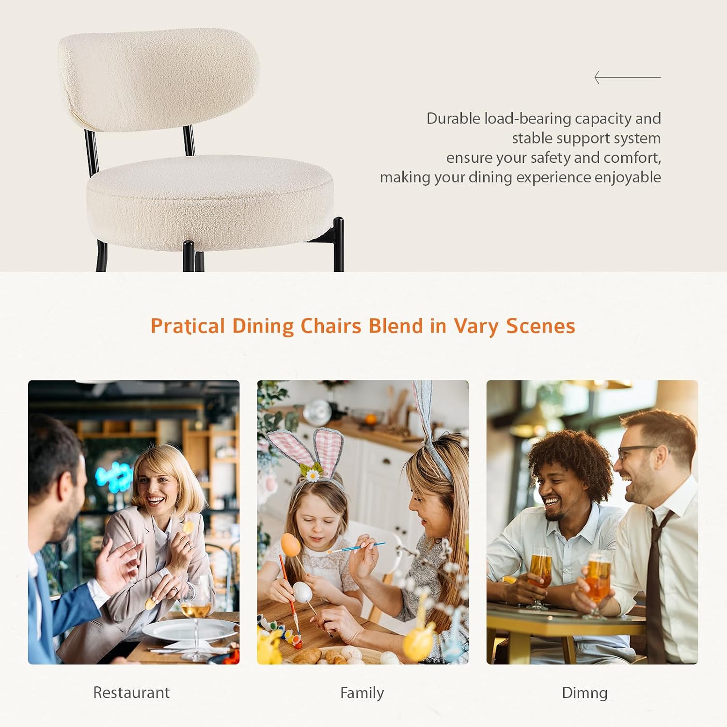Sweetcrispy Dining Chairs Set of 6, Boucle Upholstered Modern Mid Century Round Kitchen Chairs with Curved Backrest & Metal Legs for Vanity, Living Room - Classic Beige