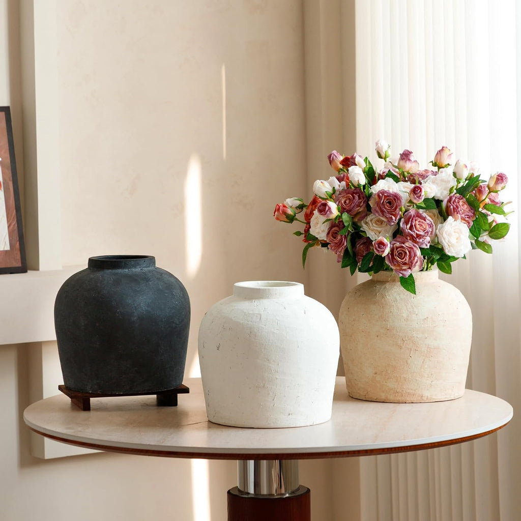 Large Ceramic Vase, 11' Rustic Farmhouse Terracotta Vase for Home Decor, Artisan Decorative Flower Vase for Living Room, Table Centerpiece, Bedroom (Terracotta Beige)
