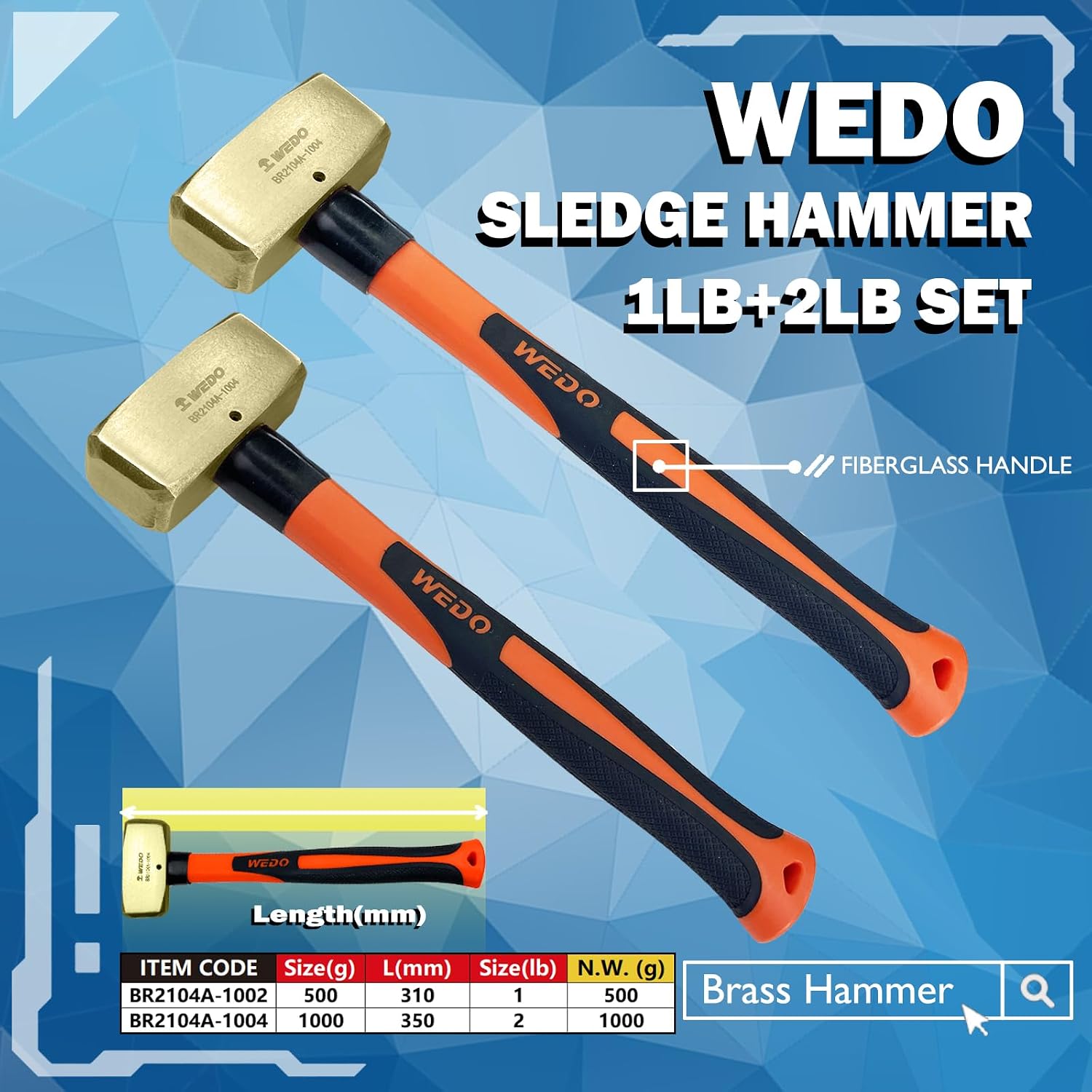 WEDO 2PCS Sledge Hammer,1lb+2lb,500g+1000g Brass Head,Shock Absorption Fiberglass Handle, Brass Hammer Set German Type,One-time Die-forged,Corrosion Resistant, DIN Standard