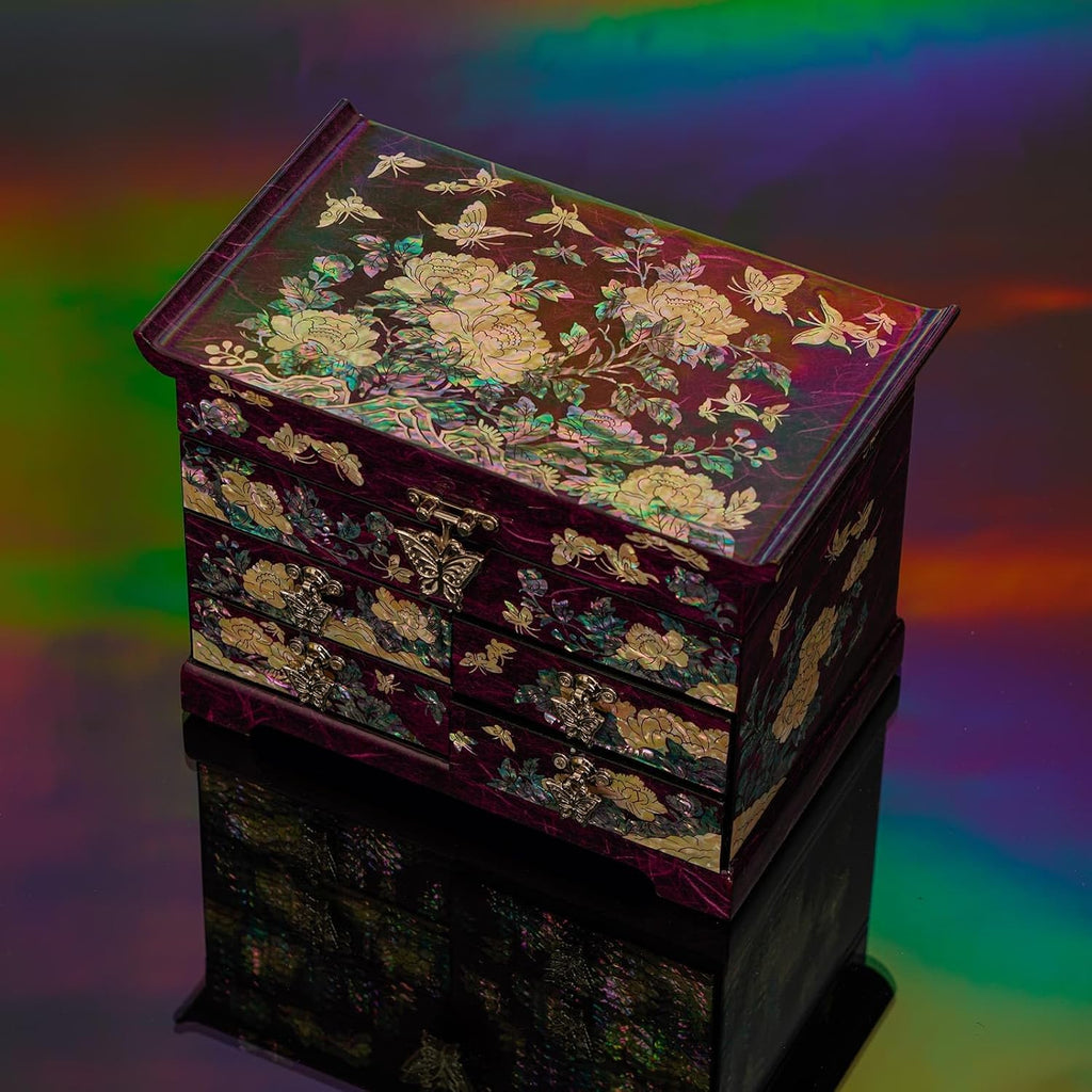 February Mountain Mother of Pearl Wooden Jewelry Organizer Box – Jewelry Storage Box for Women, Features Spacious Drawers, Ideal for Rings, Bracelets, Watches, Chains, Accessories (Peony_Purple)