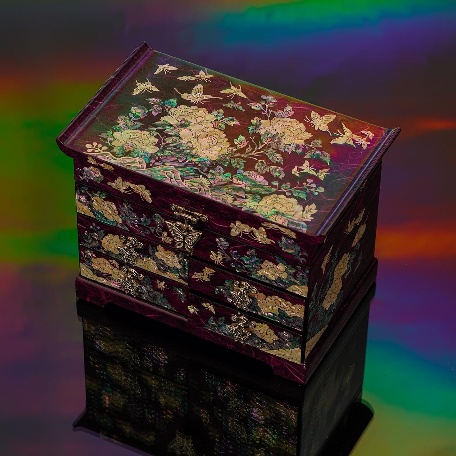 February Mountain Mother of Pearl Wooden Jewelry Organizer Box – Jewelry Storage Box for Women, Features Spacious Drawers, Ideal for Rings, Bracelets, Watches, Chains, Accessories (Peony_Purple)