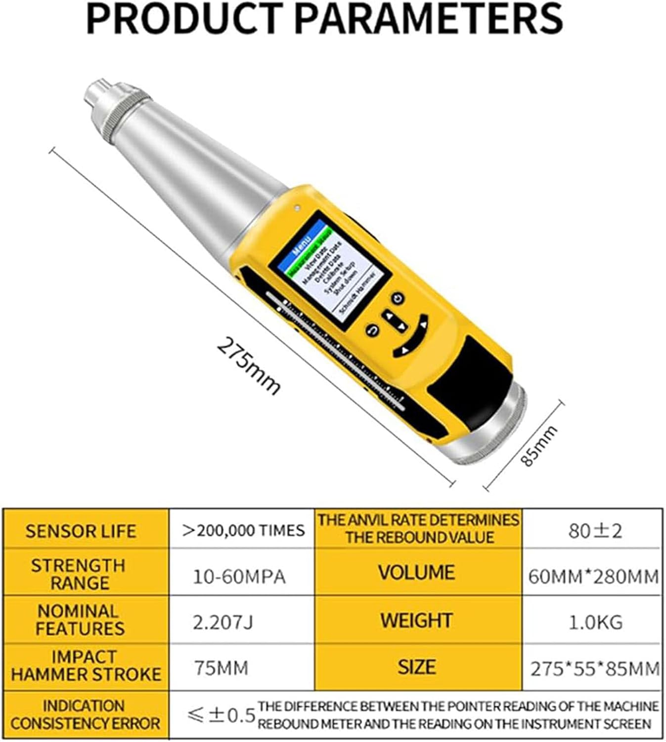 Concrete Rebound Hammer Tester 2.0 Inch OLED Screen Portable Resiliometer Test Meter Tool Test Scope of 10-60Mpa (1450-8702 PSI) Concrete Hammer Tester Support Data Export