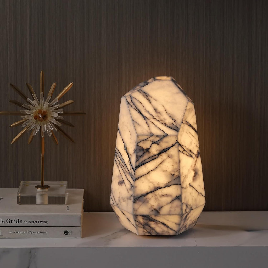 Handcrafted Real Marble Table Lamp, Stone Lamp with Tri-Color Dimmable LED, Bedside Lamp, Small Table Lamp for Home Decor, Accent Table Lamp for Bedroom Living Room, Multifacet