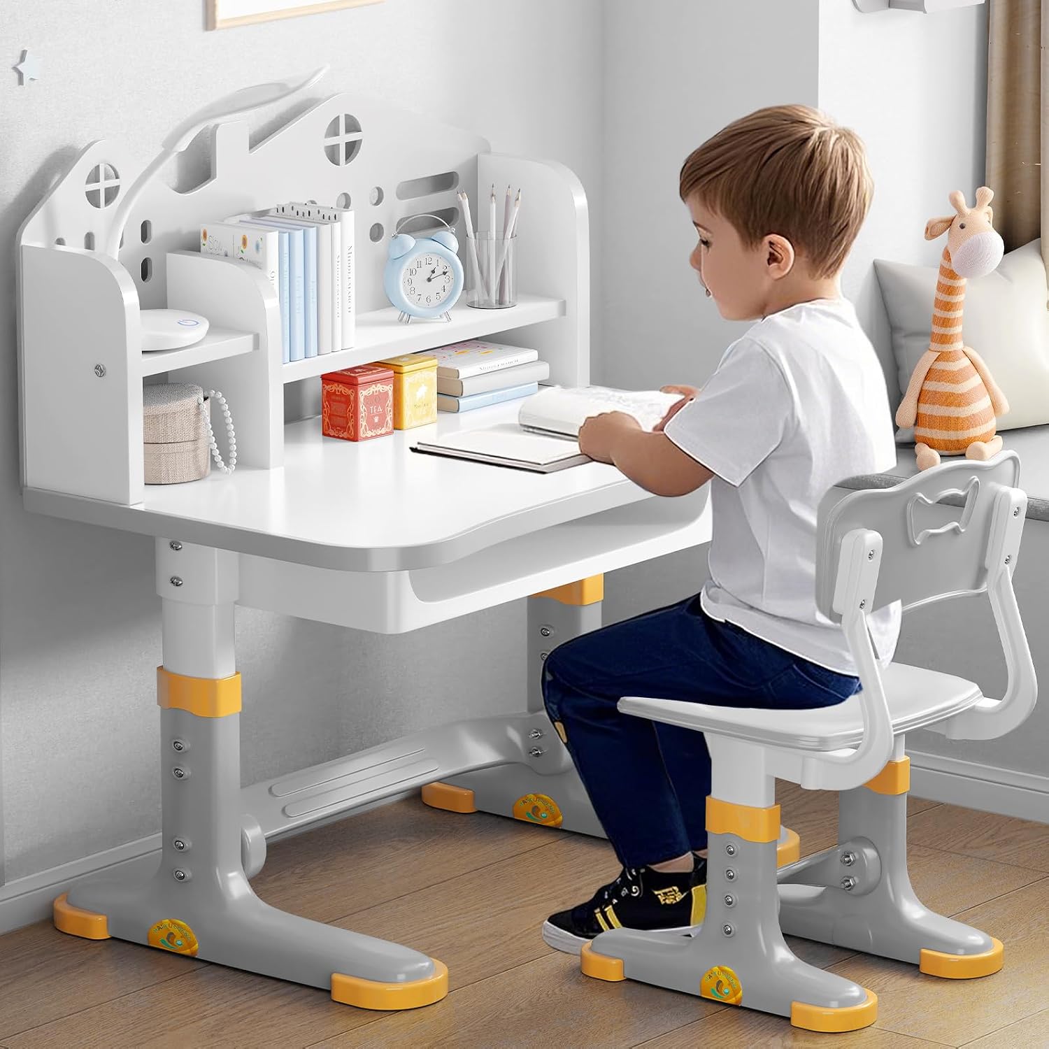 Kids Desk and Chair Set, Height Adjustable Child's School Study Writing Tables, Kids Desk with Bookstand and Storage Drawer, Widened Desktop with Desktop for Boys and Girls (Gray-B)