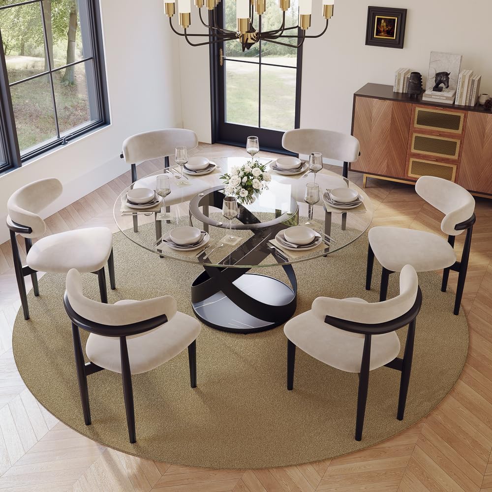 POVISON 59' Modern Round Dining Table, Glass Round Kitchen Table for 6, Glass Dining Room Table Top with Black X Carbon Steel Base for Dining Room (Dining Table Only)