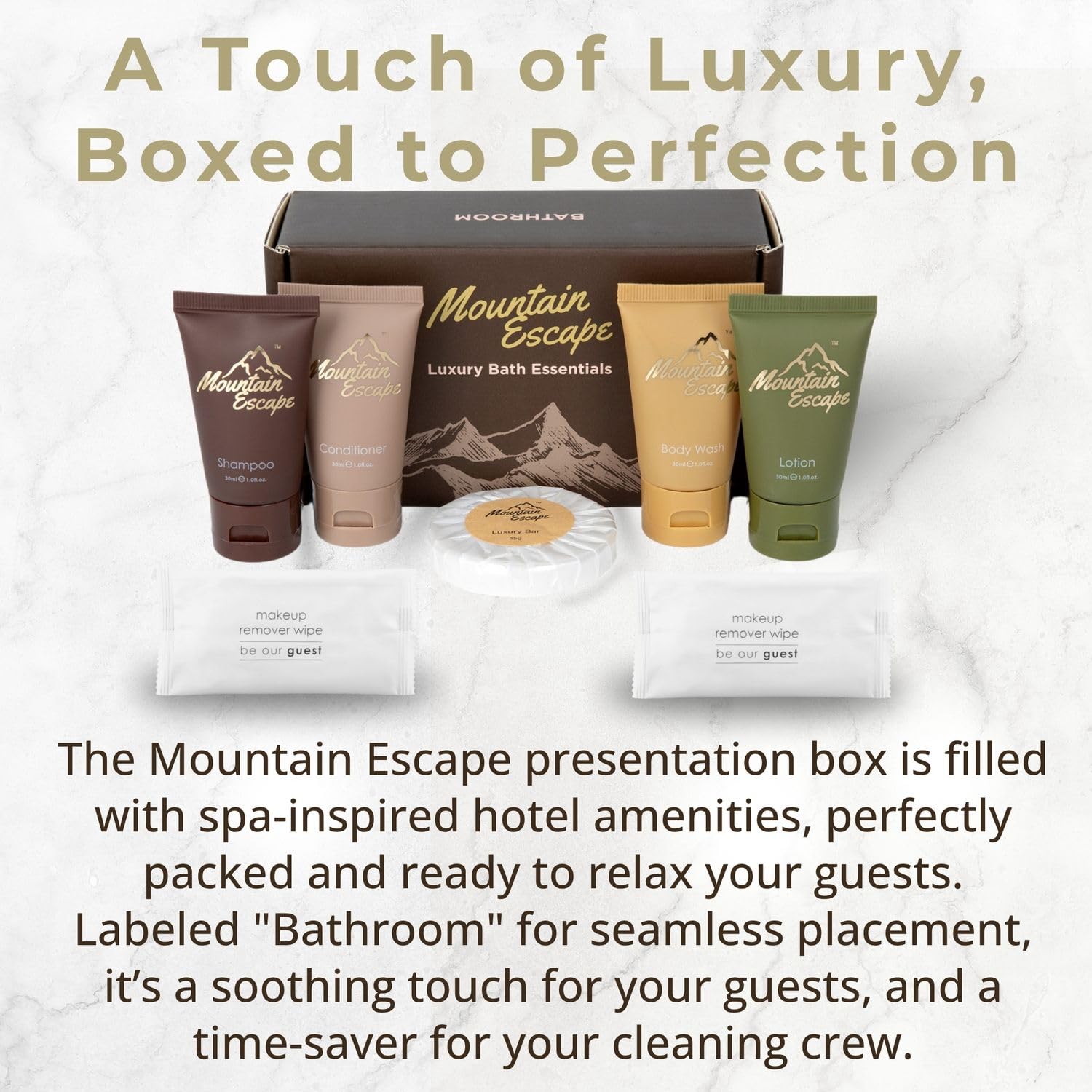20 Display Ready Boxed Amenity Kits with Premium Hotel Toiletry Essentials - 1 oz Shampoo, Conditioner, Body Wash, Body Lotion, 1.2 oz Guest Soap & 2 Makeup Remover Wipes - Air bnb & Vacation Rentals