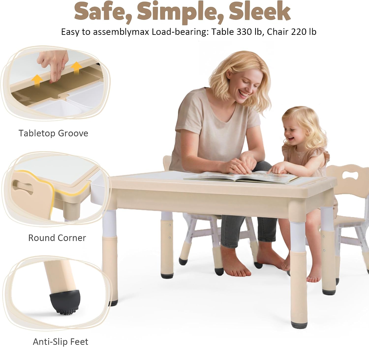 Kids Table and Chairs Set Large Storage, Height Adjustable Toddler Activity Table and 2 Chairs Set, 34.6x24.8' Graffiti/Block Building Desktop, 4 Side Boxes, Kids desk for Home, Preschool, Classroom