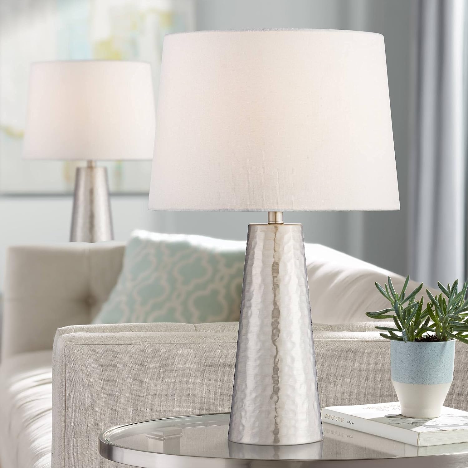 360 Lighting 27 1/2' Tall Cylinder Modern Table Lamps Set of 2 Silver Leaf Finish Hammered Metal Fabric Off-White Shade Living Room Bedroom Bedside Nightstand House Office Home Reading Kitchen