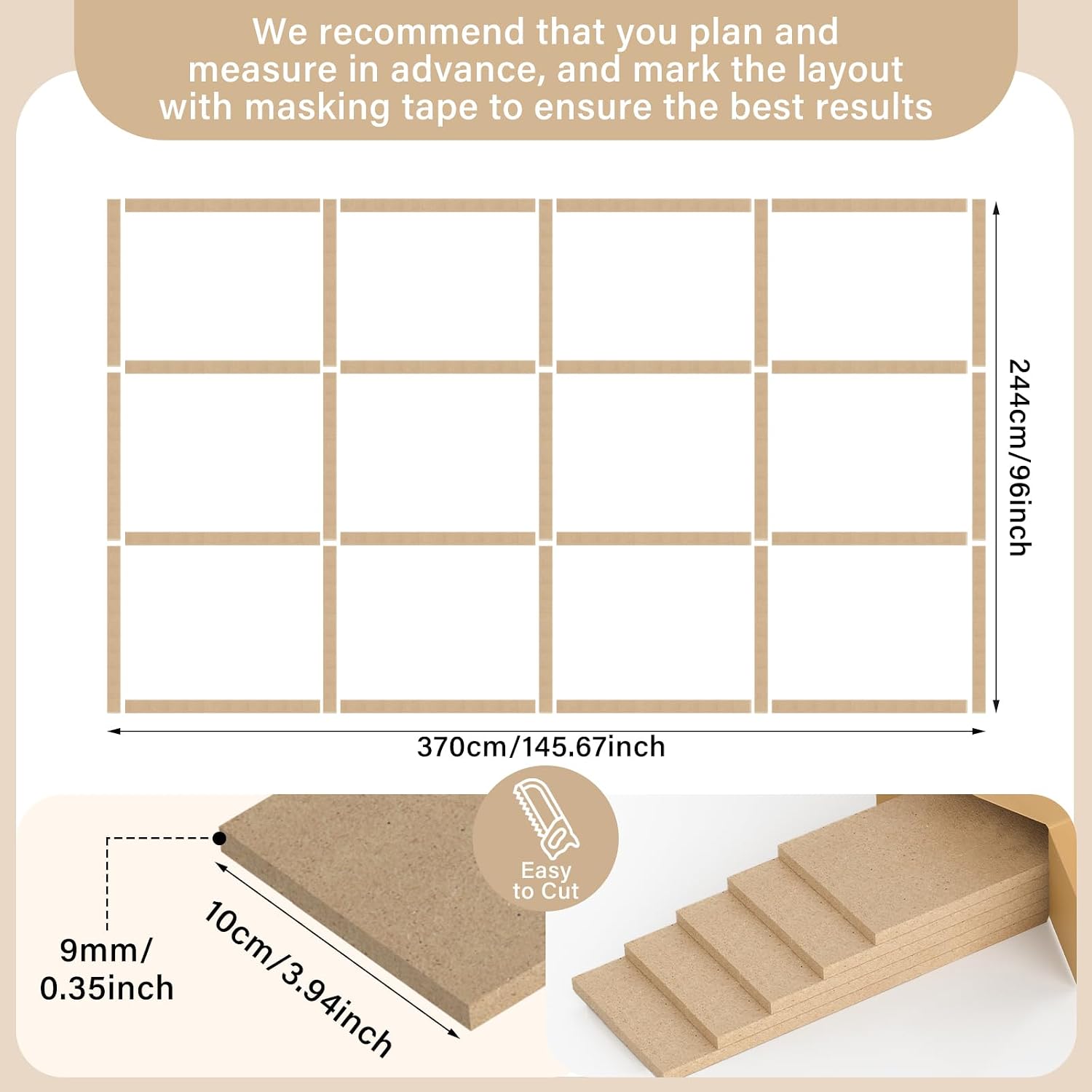 Weysat 1 Set 145.67 x 96.06 Inch Mdf Board and Batten Wall Panel Kit Premade Wainscoting Panels Decorative Wall Molding Trim Slats Paintable Accent Kit for DIY Home Bedroom Living Room Decor