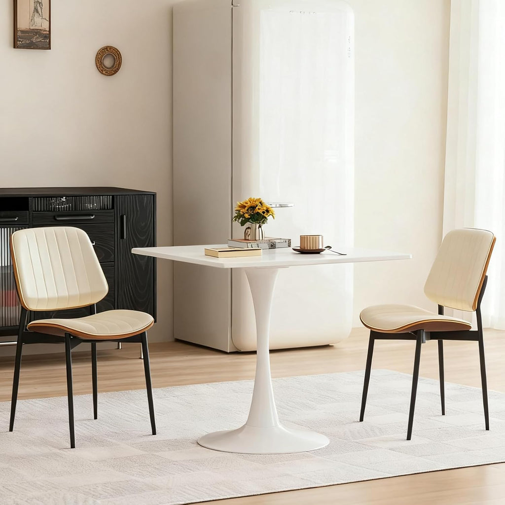 Square Dining Table, 31.5' Tulip Table with Thickened Tabletop & Metal Pedestal, Mid Century Modern Bistro Table for Kitchen, Small Places, Living Room, Cafe (White)
