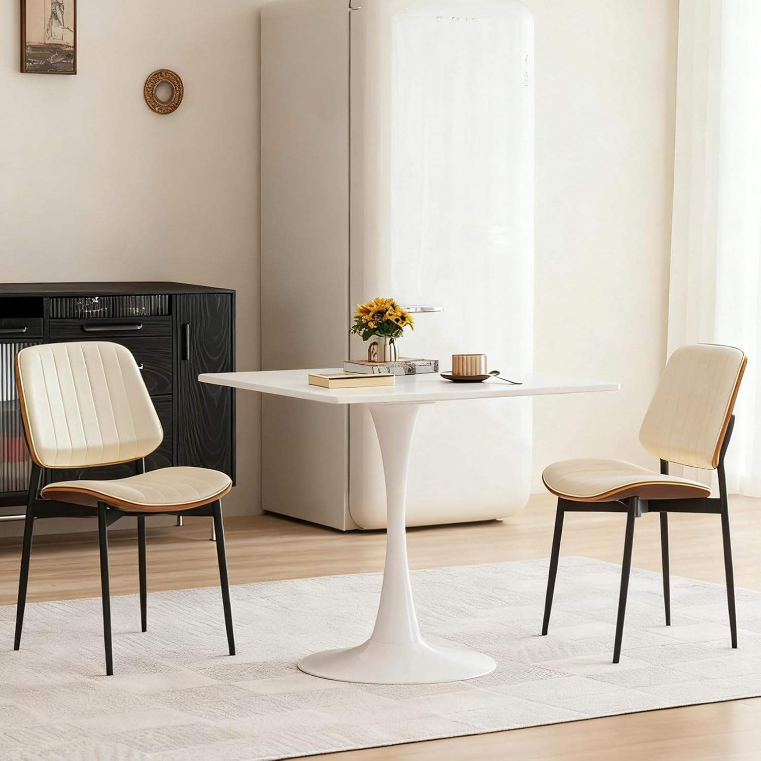 Square Dining Table, 31.5' Tulip Table with Thickened Tabletop & Metal Pedestal, Mid Century Modern Bistro Table for Kitchen, Small Places, Living Room, Cafe (White)