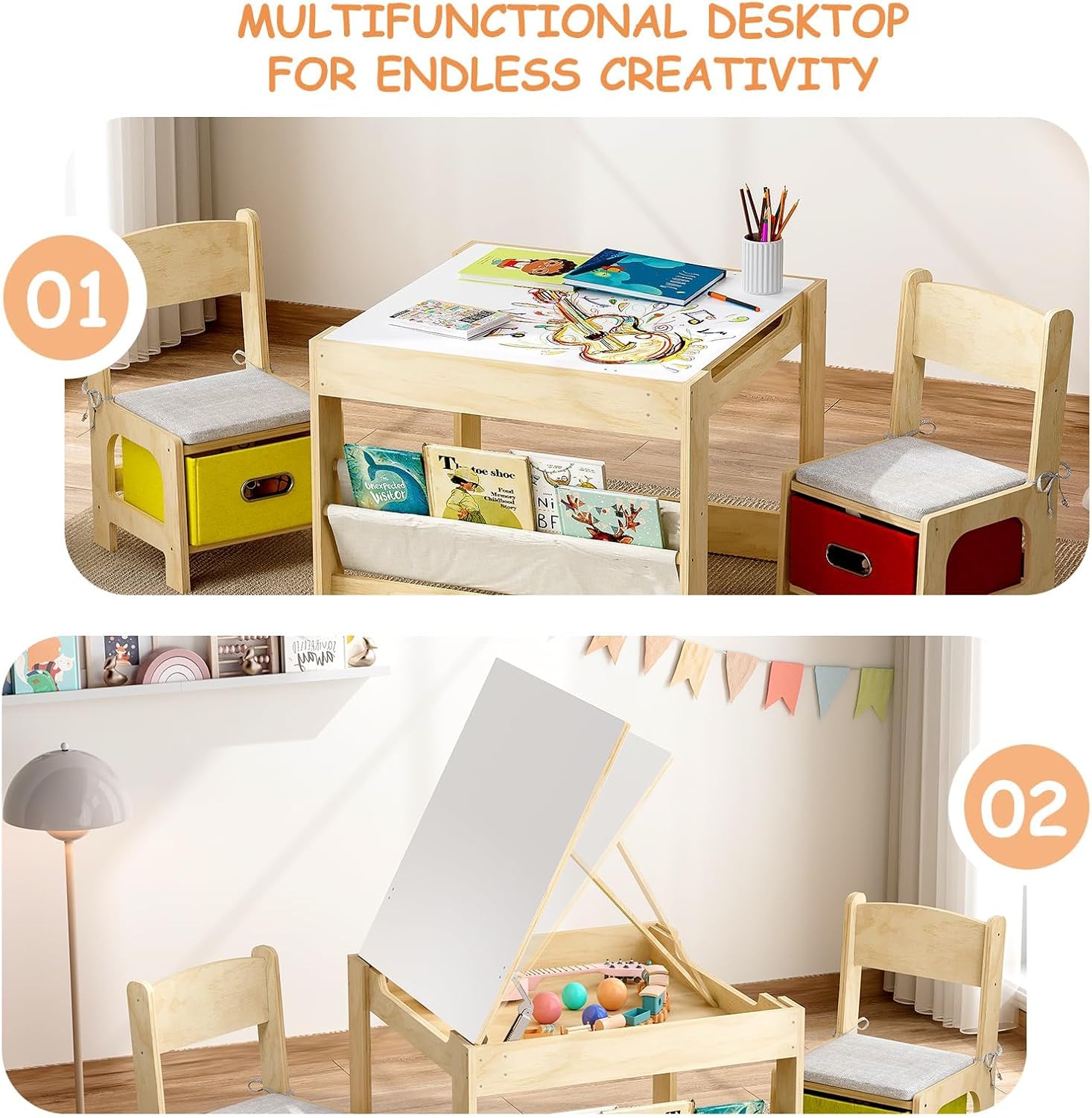 EXPERLAM Kids Table and 2 Chairs Set, Wooden Toddler Activity Table with Adjustable Drawing Tabletop, Safety Hinges, Storage Drawers &Bookshelf for Playroom, Nursery, Ages 1-6, Burlywood