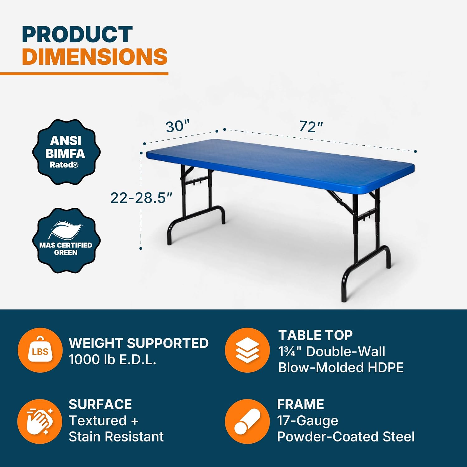 OEF Furnishings OEFBTA-3072-04 Adjustable-Height Commercial-Grade Premium Industrial Folding Table, 6-Foot Pedestal-Leg Design with 17-Gauge Steel Frame and Thick Double-Wall Top (72' × 30', Blue Top)