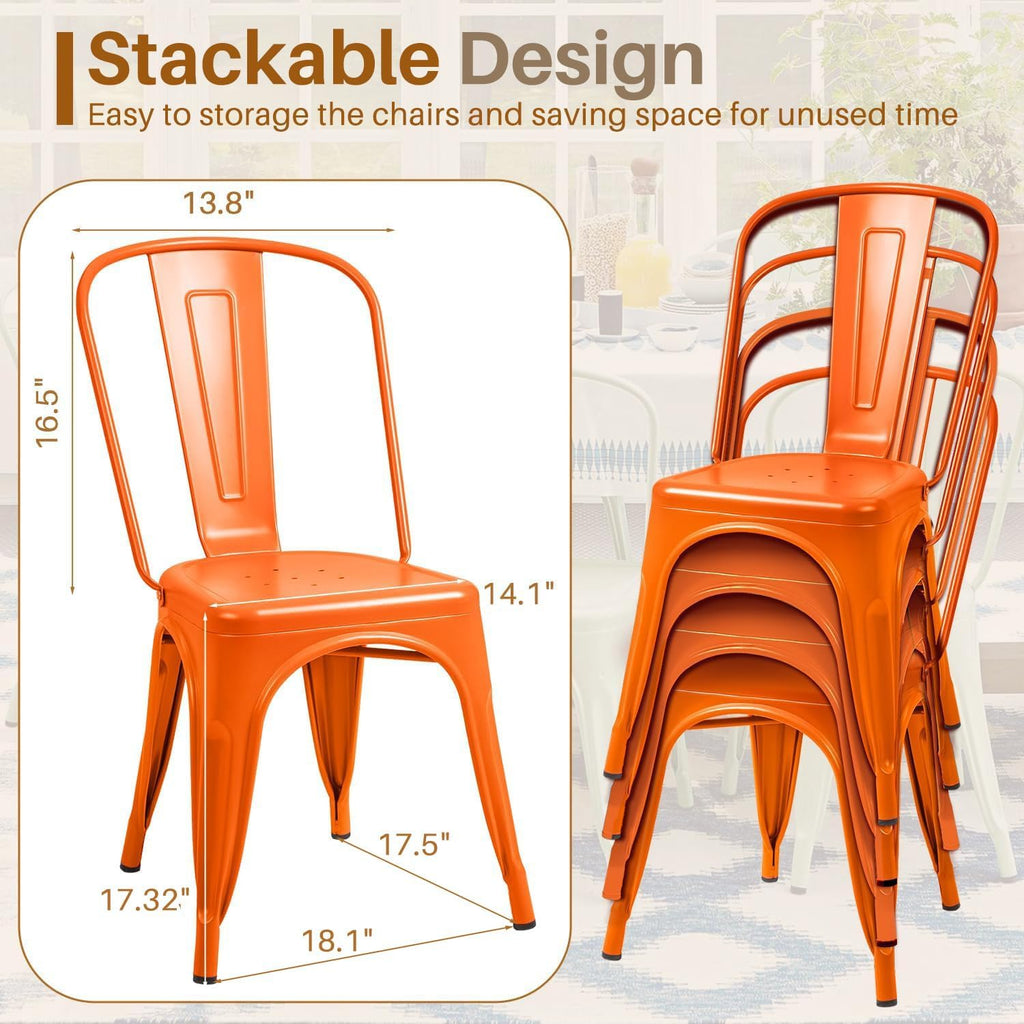 Furmax Metal Dining Chair Indoor Outdoor Use Stackable Classic Trattoria Chair Chic Dining Bistro Cafe Side Metal Chairs Set of 4 (Orange)