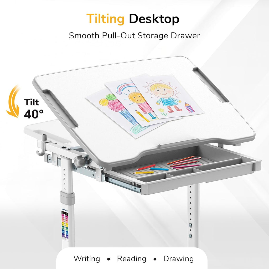 Mount-It! Kids Desk and Chair Set Height Adjustable up to 30' Ergonomic for School - Table and Chairs for Student 26' x 18' Tabletop with Pencil Drawer, 3-10 Age Children, Grey