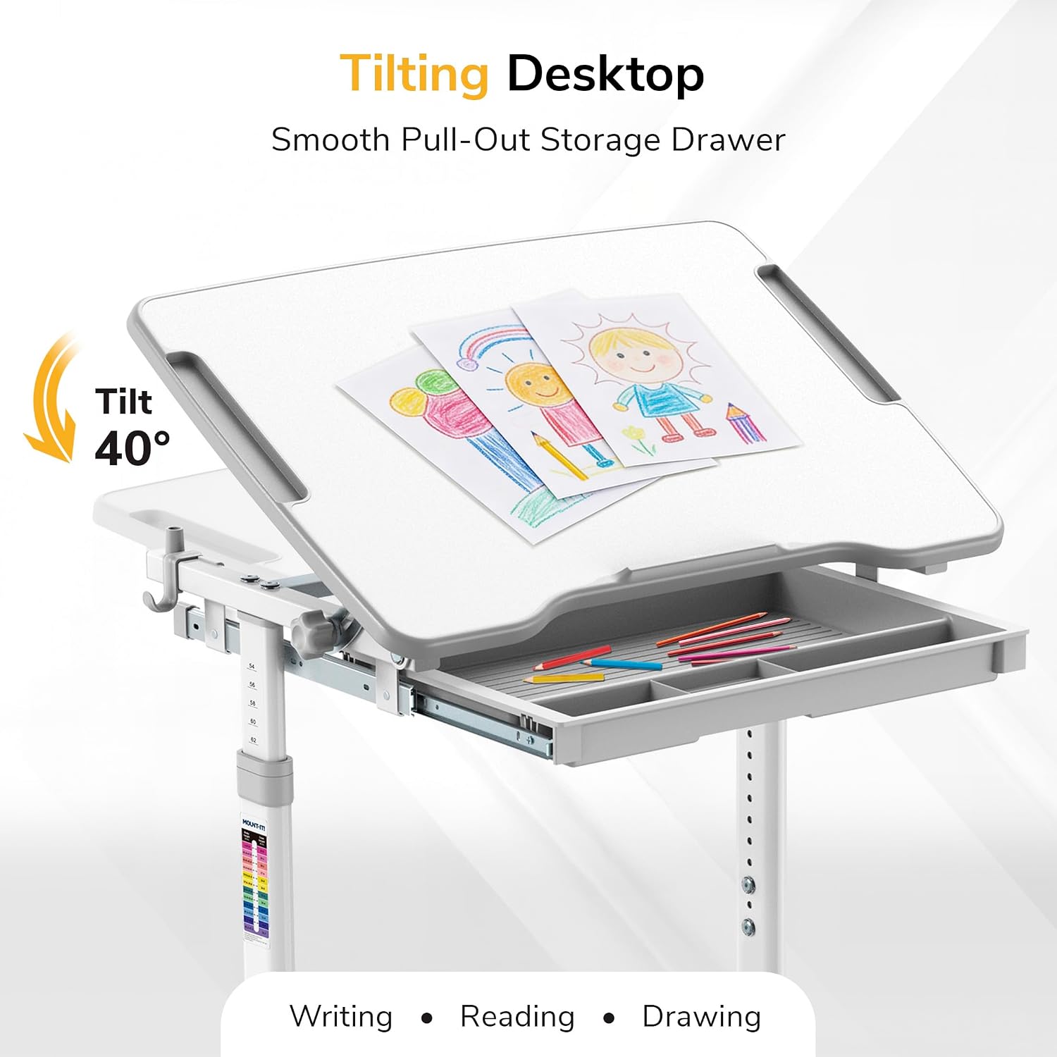 Mount-It! Kids Desk and Chair Set Height Adjustable up to 30' Ergonomic for School - Table and Chairs for Student 26' x 18' Tabletop with Pencil Drawer, 3-10 Age Children, Grey