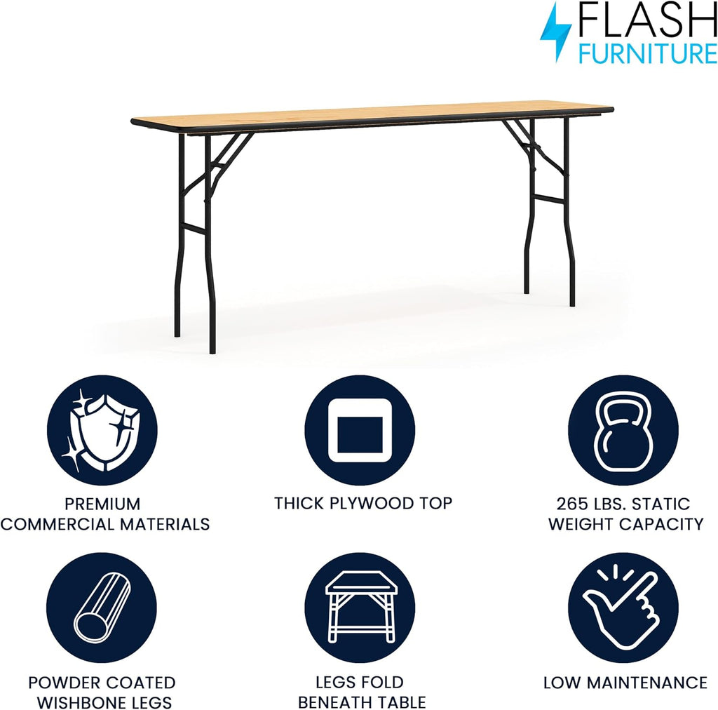 Flash Furniture Gael 6' Wood Folding Training and Event Table, Rectangular Folding Training Table with Smooth Clear Coated Finished Top, Natural