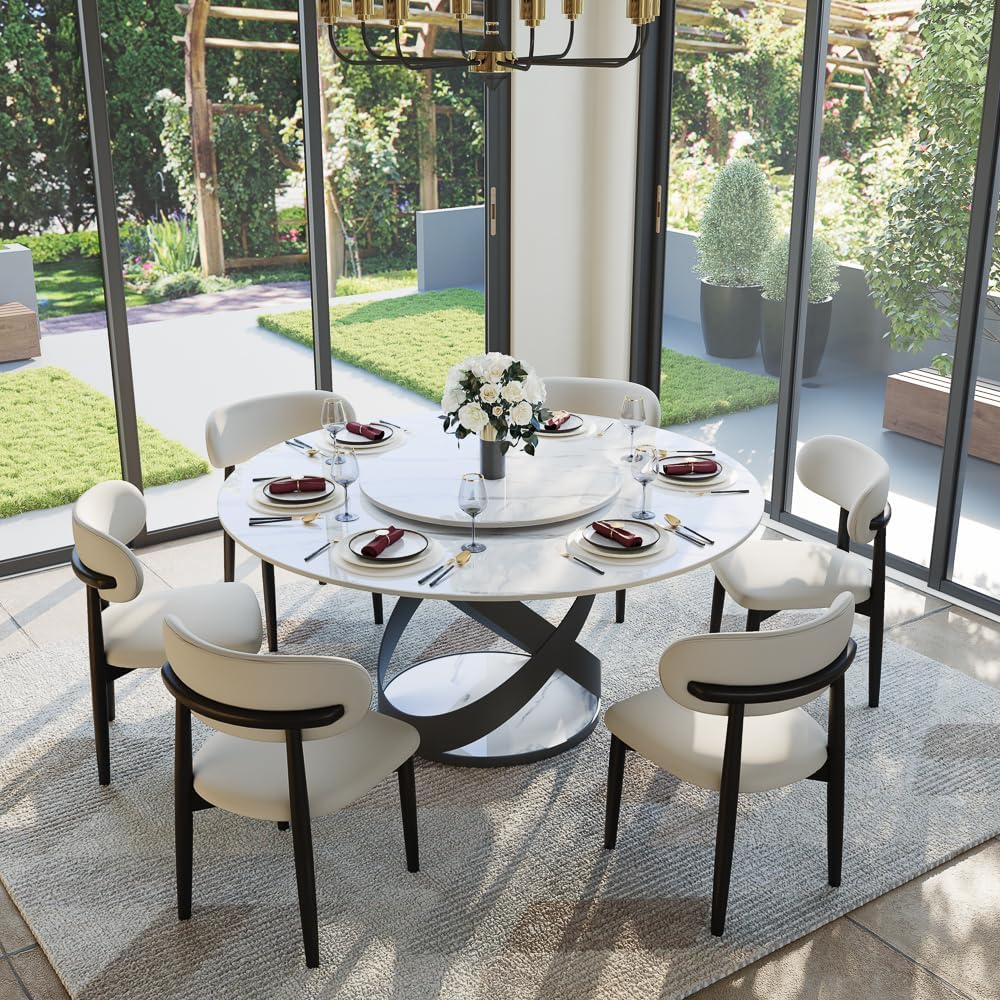 POVISON 59' Modern Dining Table, Glossy White Round Dining Table for 6 Built in Lazy Susan, Sintered Stone Dining Tabletop with Black X Carbon Steel Base (Table Only)