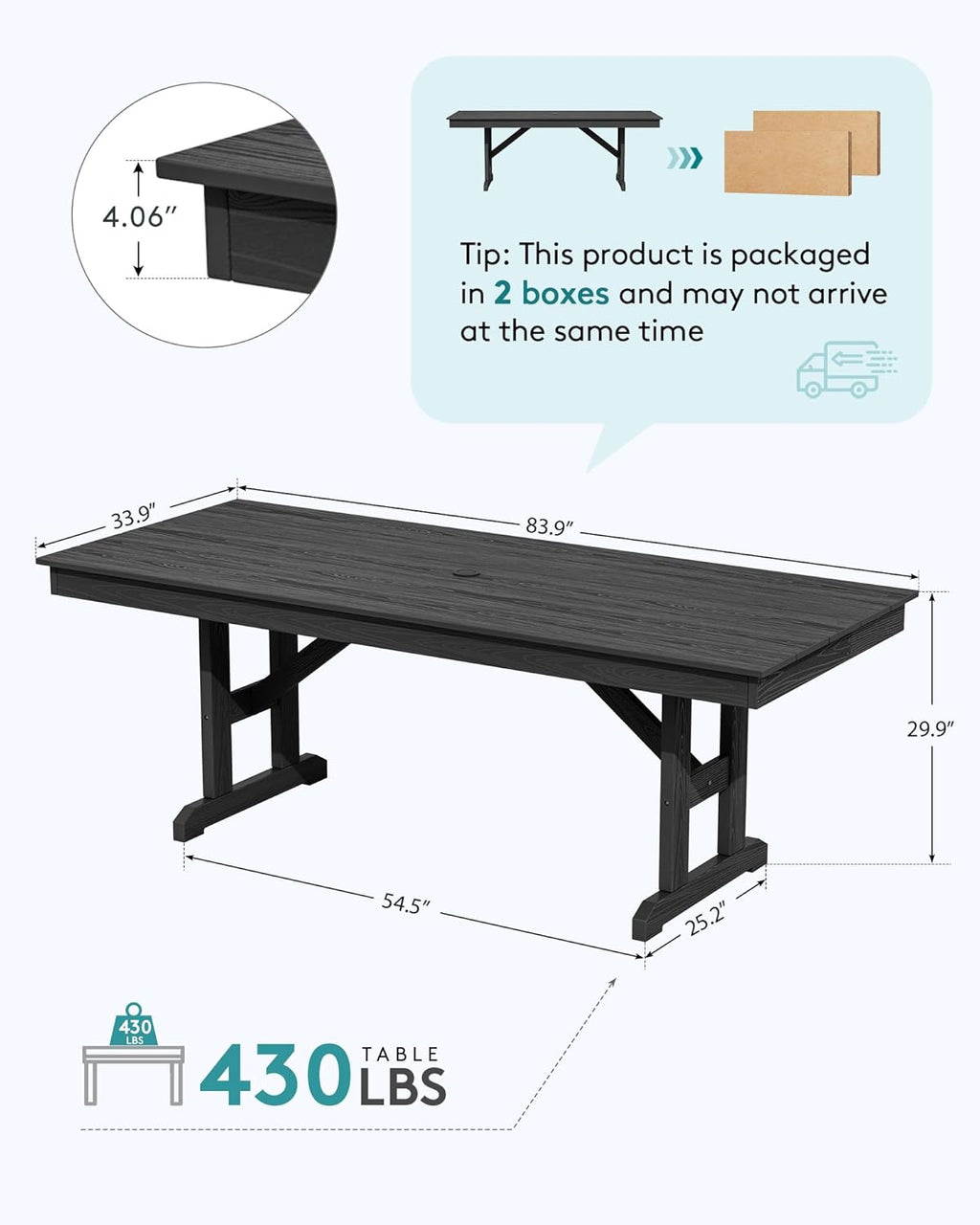 SERWALL Outdoor Dining Table, 84' Rectangular Dining Table for 6-10 Person, All Weather HDPE Outdoor Furniture for Backyard, Garden, Black