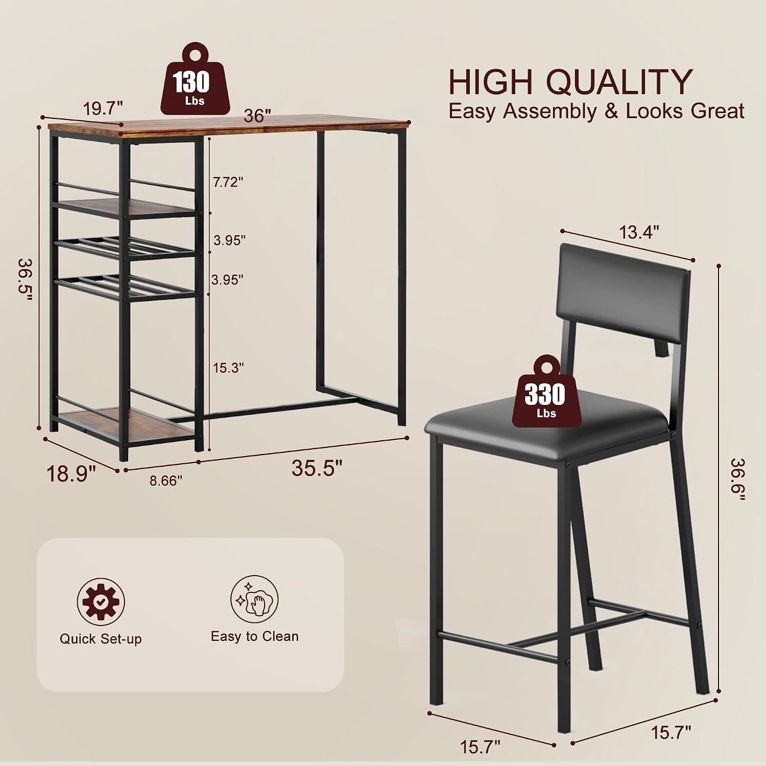 Dining Table Set for 2, Counter Height Table with 2 Upholstered Chairs and Storage Shelves, Bistro Table and Chair Set of 2, Kitchen Table Set for Small Space (Brown Table and 2 Upholstered Chairs)