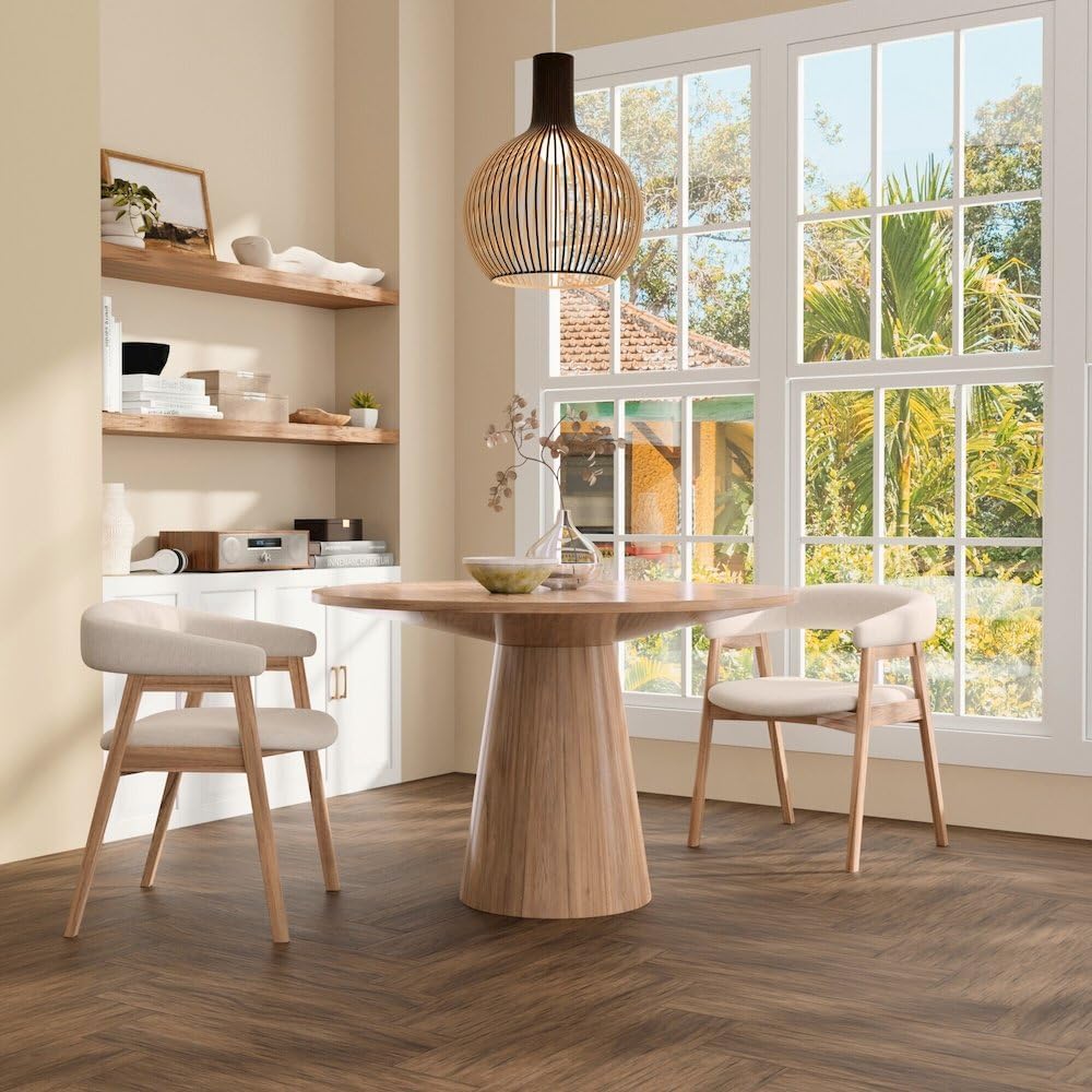 Alpine Furniture Brown Round Dining Table 47 Inches, Natural Finish, Tapered Pedestal Base, Solid Rubberwood Mindi Veneer, Seats 4 for Small Kitchen
