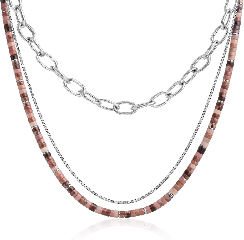 JEAN RACHEL JEWELRY Men's 3-Piece Necklace Layering Set - Hammered Link Chain, Box Chain & Rhodonite Beads - Rose Black Bundle