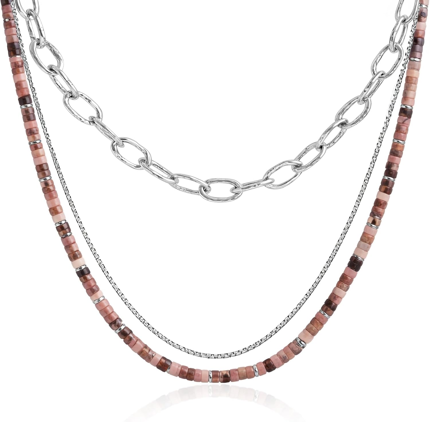 JEAN RACHEL JEWELRY Men's 3-Piece Necklace Layering Set - Hammered Link Chain, Box Chain & Rhodonite Beads - Rose Black Bundle