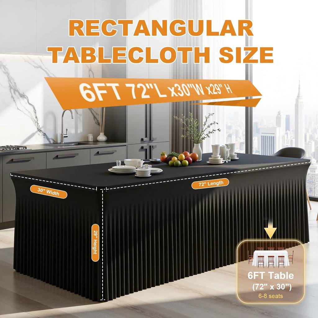6 Pack Black Rectangle Tablecloth 72 Inch with Elastic Skirt - Wrinkle-Resistant Spandex Fitted 6FT Tables, Stretchable Table Cover for Wedding Banquet Birthday Party Buffet Restaurant