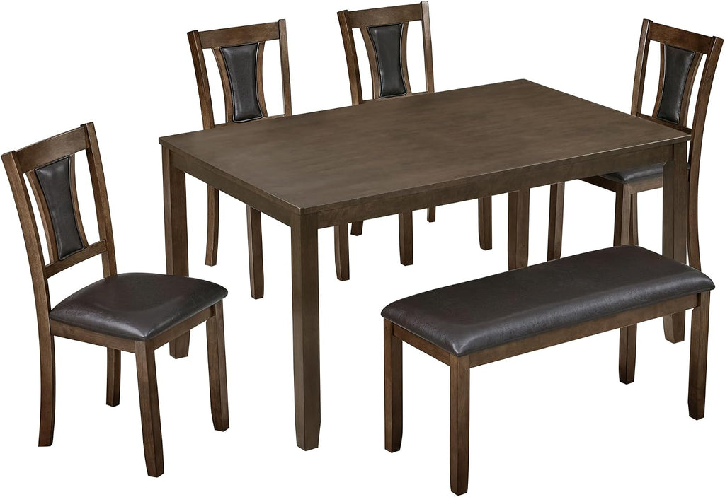 LUMISOL 6-Piece Modern Dining Table Set with Upholstered Chairs of 6, Wooden Rectangular Table for 6-7 People, Farmhouse Kitchen Table Set with Bench for Restaurant, Walnut