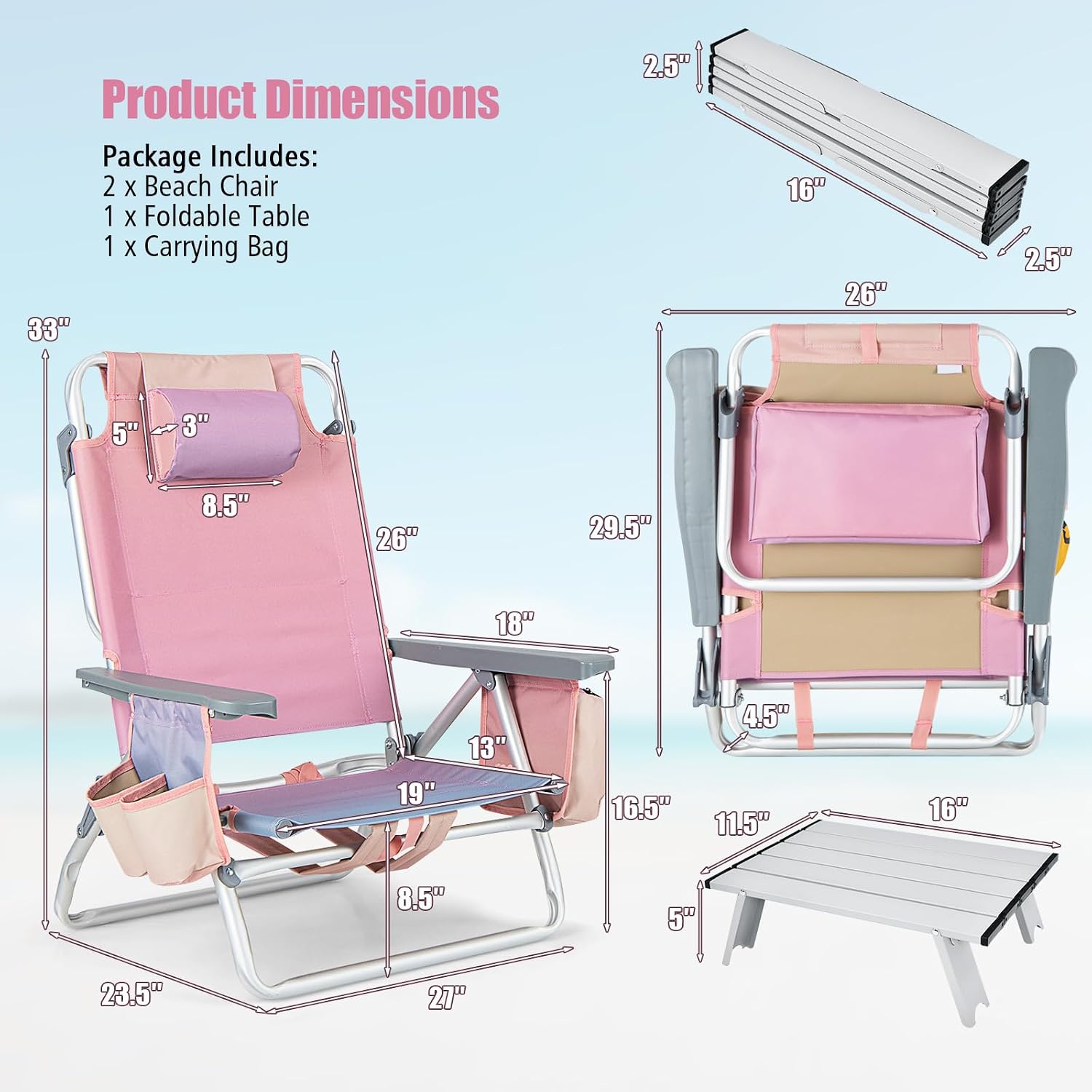 Tangkula Backpack Beach Chair with Table, 5-Position Lay Flat Chairs with Cooler Bag, 2 Cup Holders, Towel Bar, Lightweight Low Folding Chair with Backpack Straps, Pink