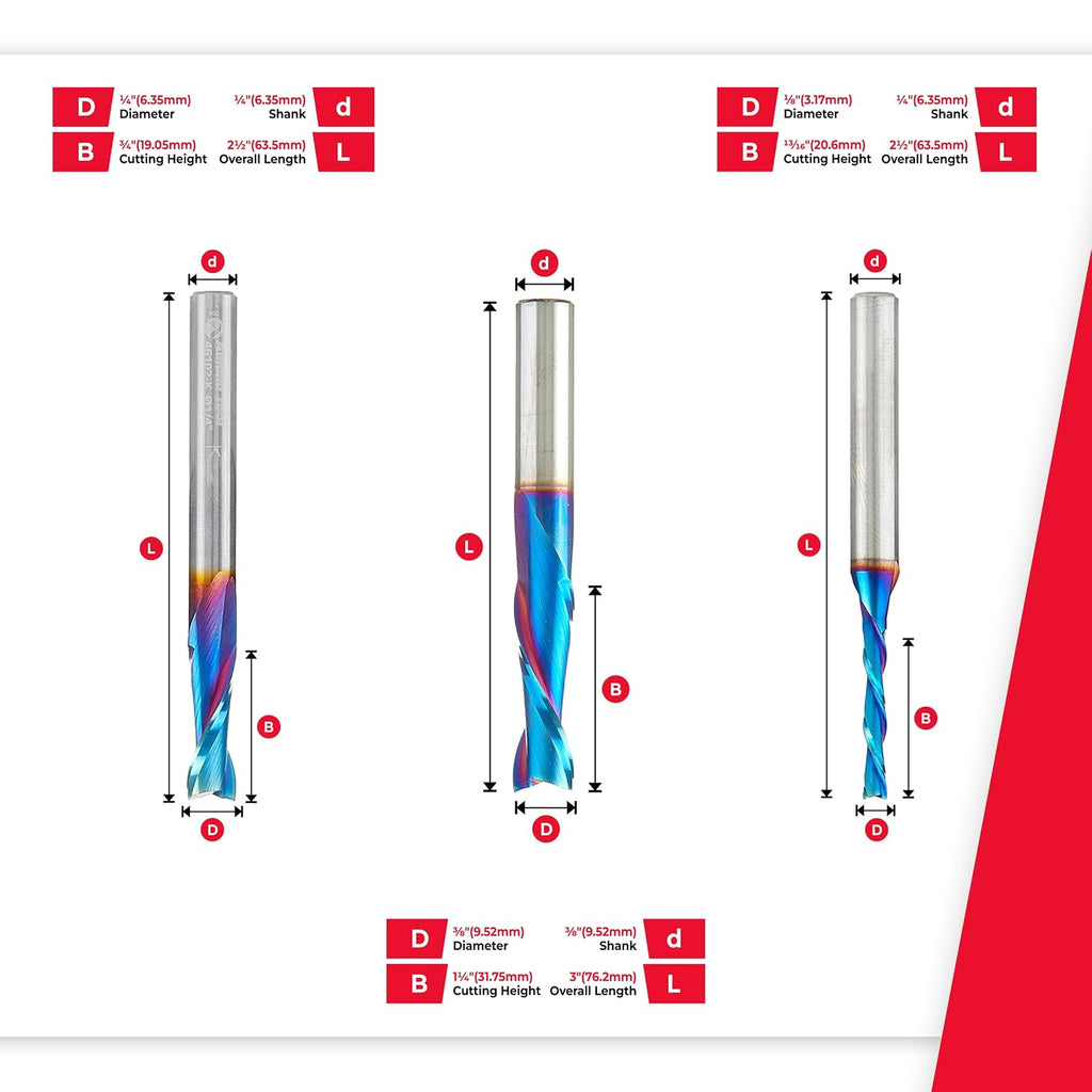 Amana Tool Spektra Extreme Tool Life Coated Solid Carbide Spiral Plunge Up-Cut Router Bit Pack, AMS-236-K 3-Pc, 1/4 and 3/8 Shank