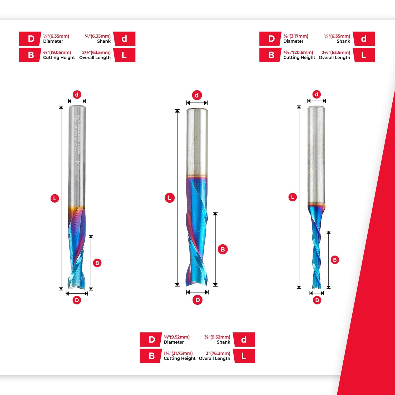 Amana Tool Spektra Extreme Tool Life Coated Solid Carbide Spiral Plunge Up-Cut Router Bit Pack, AMS-236-K 3-Pc, 1/4 and 3/8 Shank