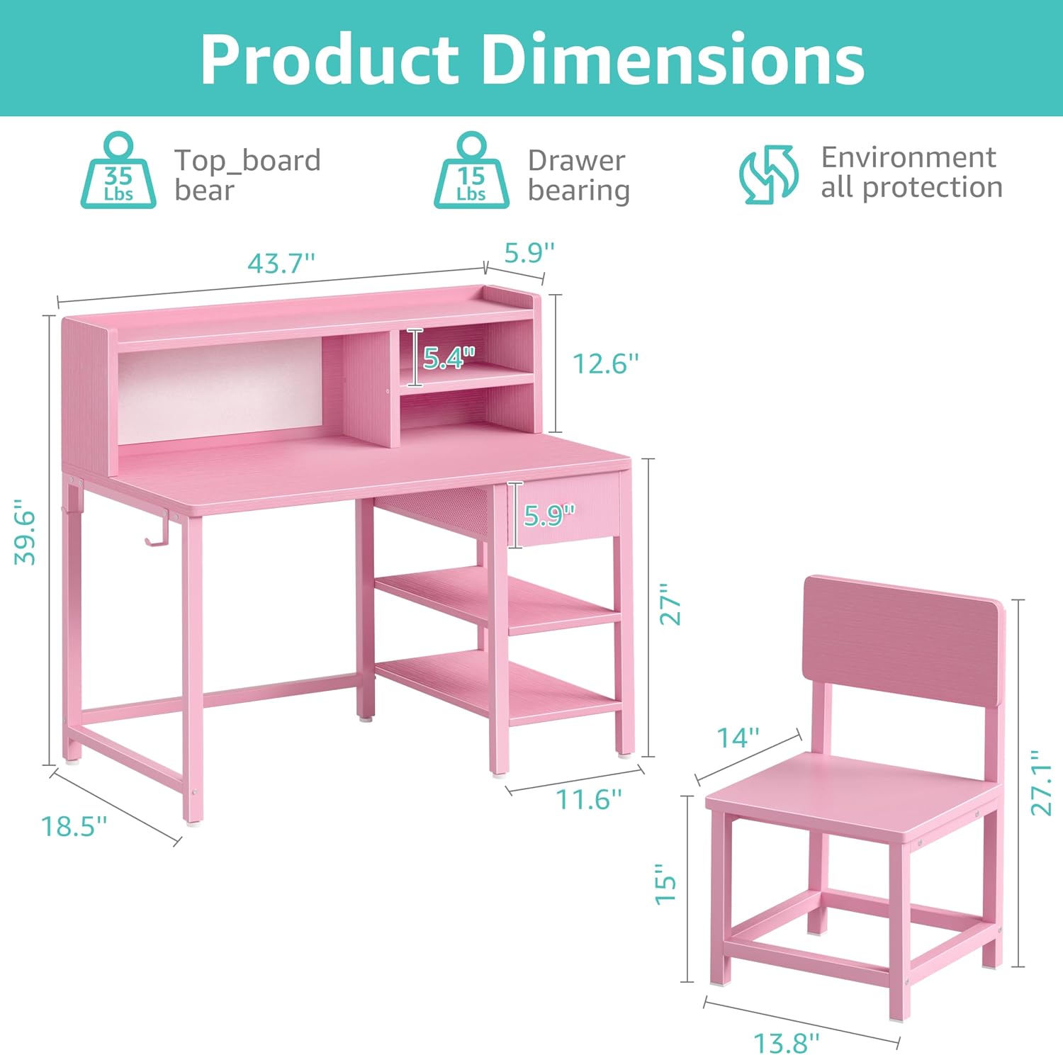 BOLUO Pink Kids Desk and Chair Set for 6-12 Year Old, Children Study Desk with Hutch and Storage Shelf, Student Writing Table with Fabric Drawer for Girls Boys