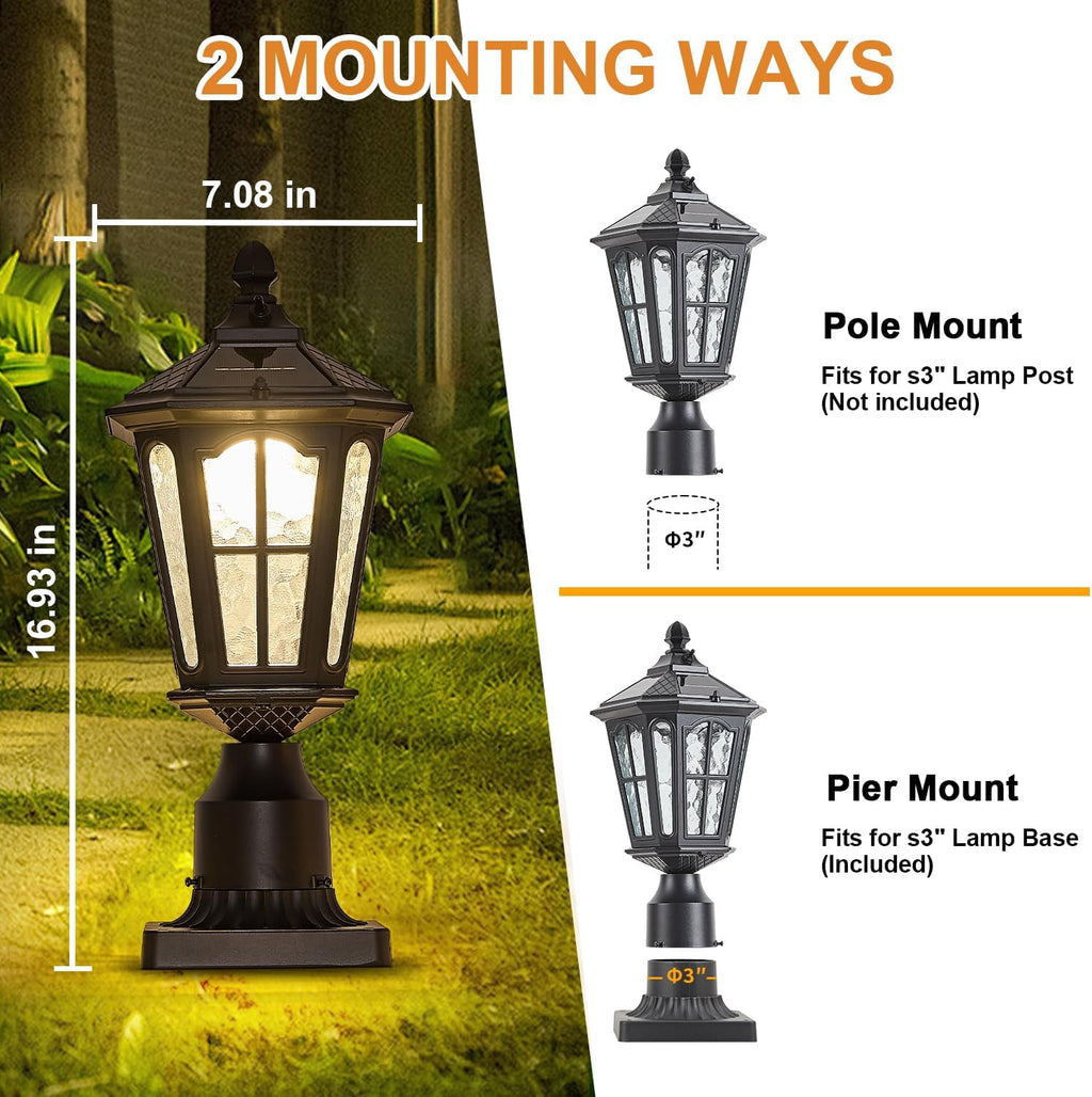 2 Pack Outdoor Solar Lamp Post Light with Pier Mount Base, Dusk to Dawn Aluminium Classic Exterior Pole Lamps with Water Ripple Glass, Solar Pillar Lights for Fence, Gate, Driveway, Black