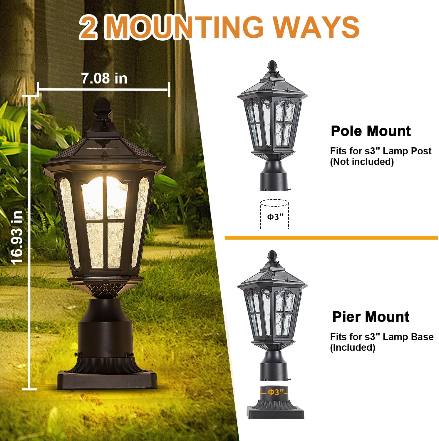 2 Pack Outdoor Solar Lamp Post Light with Pier Mount Base, Dusk to Dawn Aluminium Classic Exterior Pole Lamps with Water Ripple Glass, Solar Pillar Lights for Fence, Gate, Driveway, Black