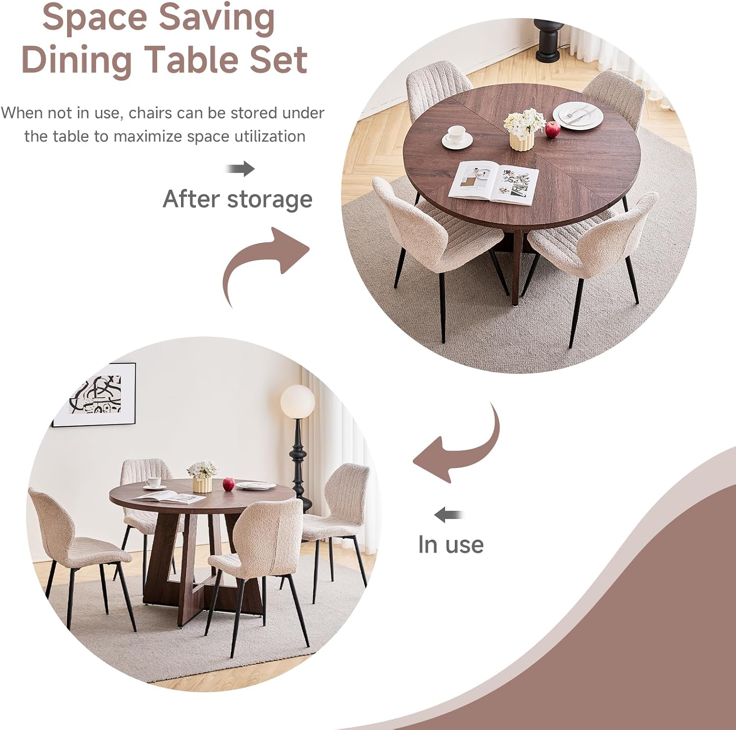 47' Round Dining Table Set for 4 with Chairs Kitchen Table and Chairs Set Mid-Century Modern Chair with Metal Leg for Apartment Living Room(1 Walnut Table + 4 Beige Chairs)