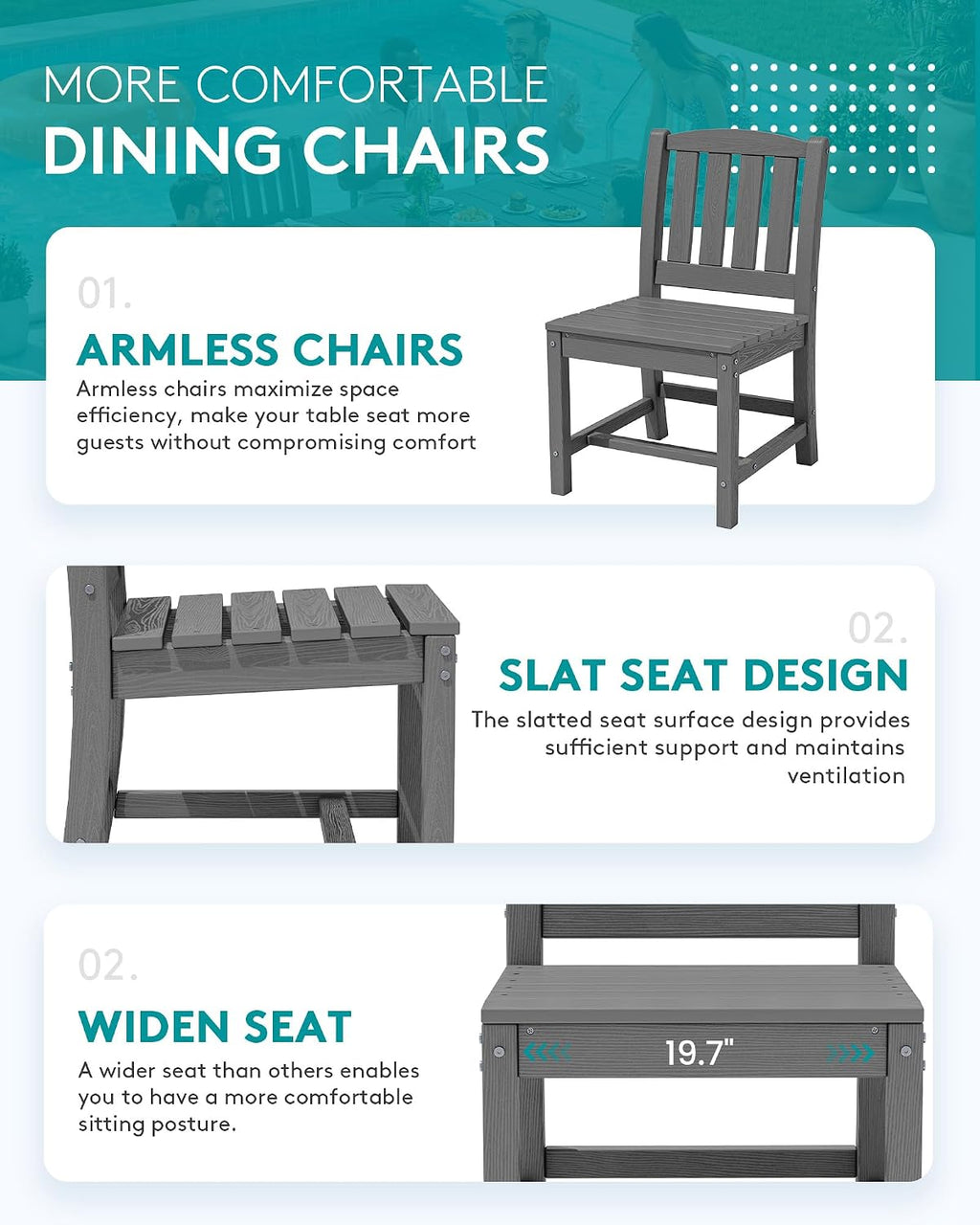 SERWALL 7-Piece Outdoor Dining Set, 60' - 83' Expandable Outdoor Dining Table and 6 HDPE Chairs, All Weather HDPE Outdoor Furniture Set for Backyard, Garden, Grey